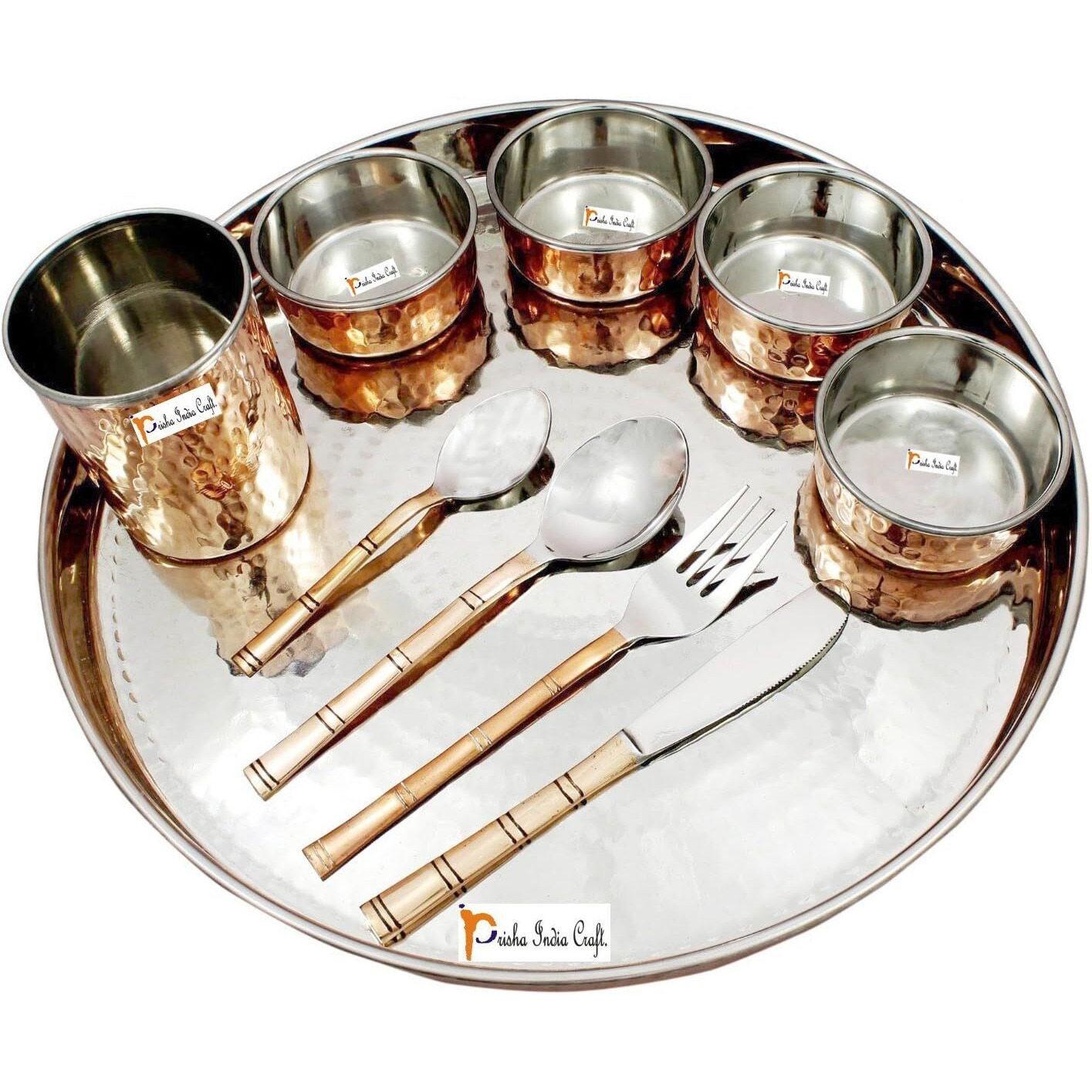 Prisha India Craft Dinnerware Copper Dinner Set Thali Plate, Bowls, fork, knife, Glass Spoon and Serving Spoon, Dia 13 Inch CHRISTMAS Gifts Stainless Steel Copperware Thali Set