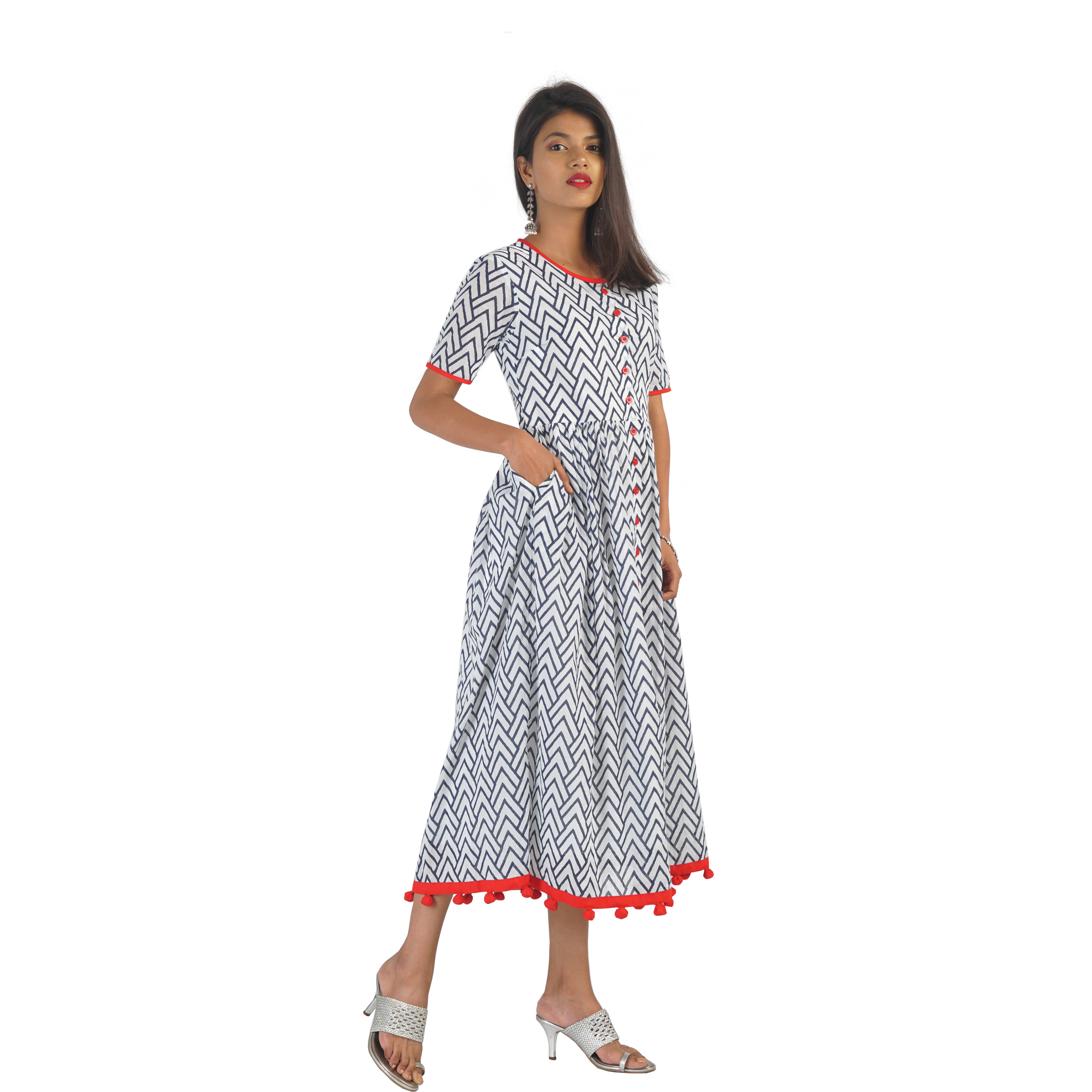Pink Flamingo Clothing Classic Cotton Red & Blue Kurta Dress