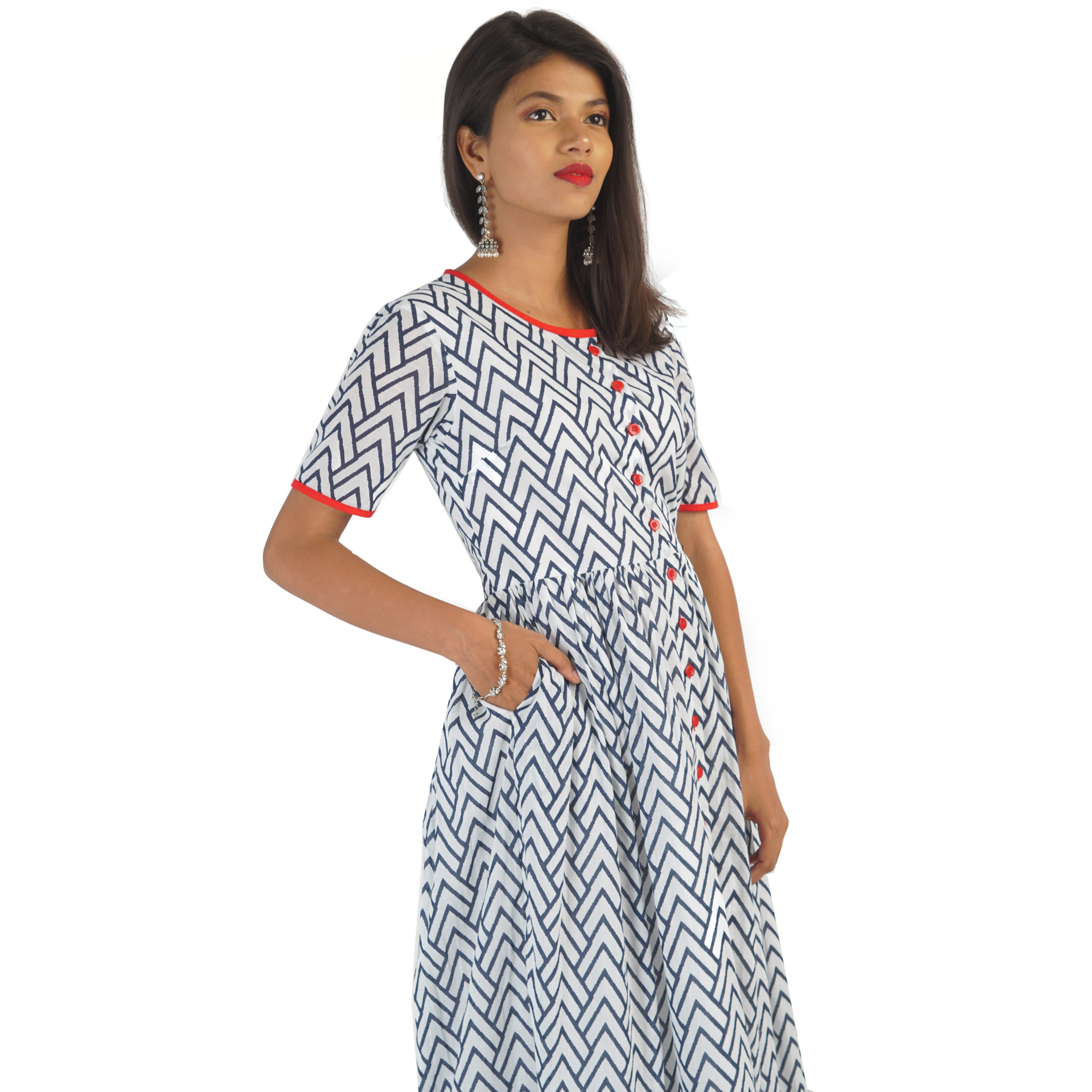 Pink Flamingo Clothing Classic Cotton Red & Blue Kurta Dress