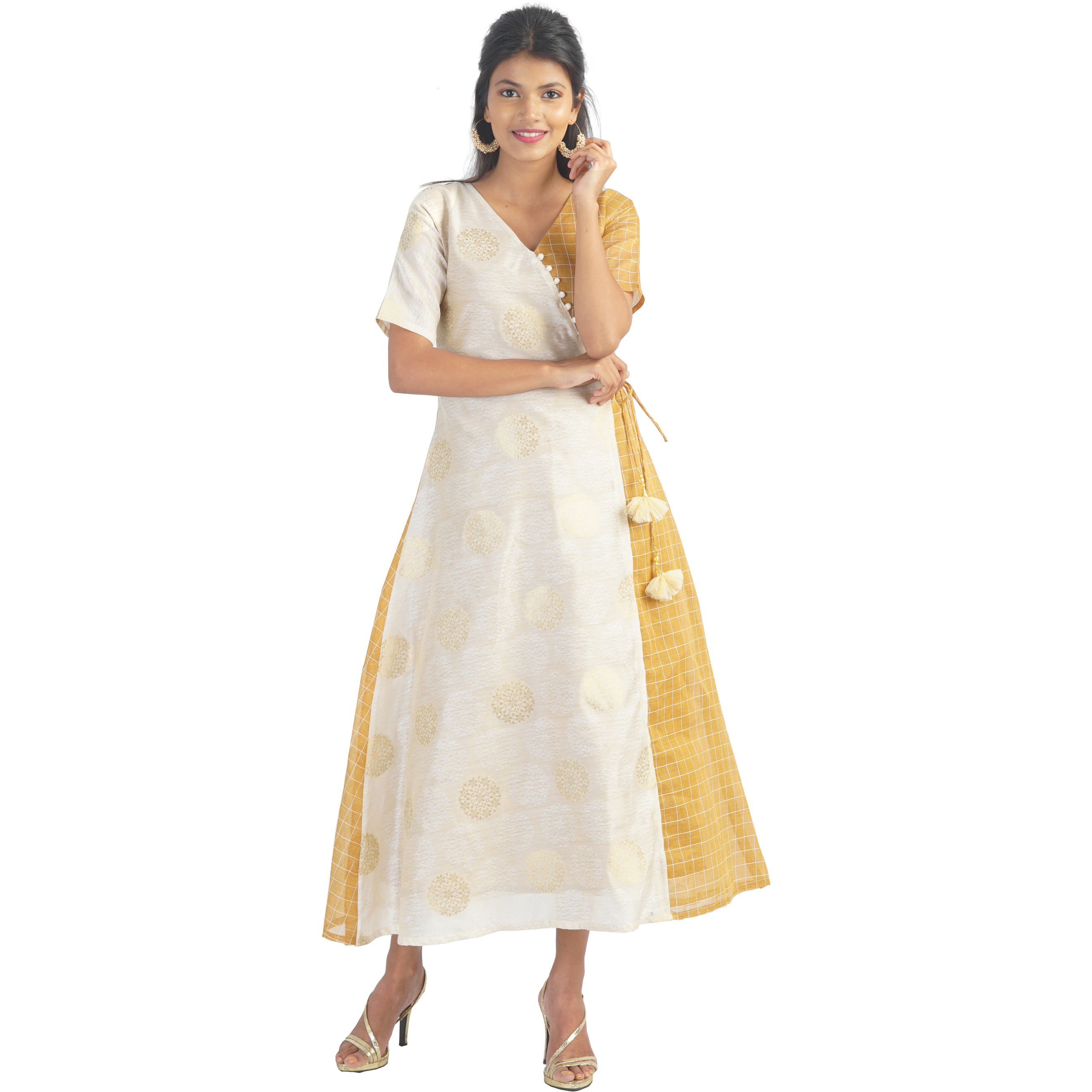 Pink Flamingo Clothing White And Gold Faux Wrap Maxi Dress M (Size Medium)