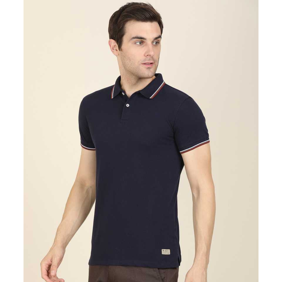 Solid Men Polo Neck Dark Blue T-Shirt (Size: M)