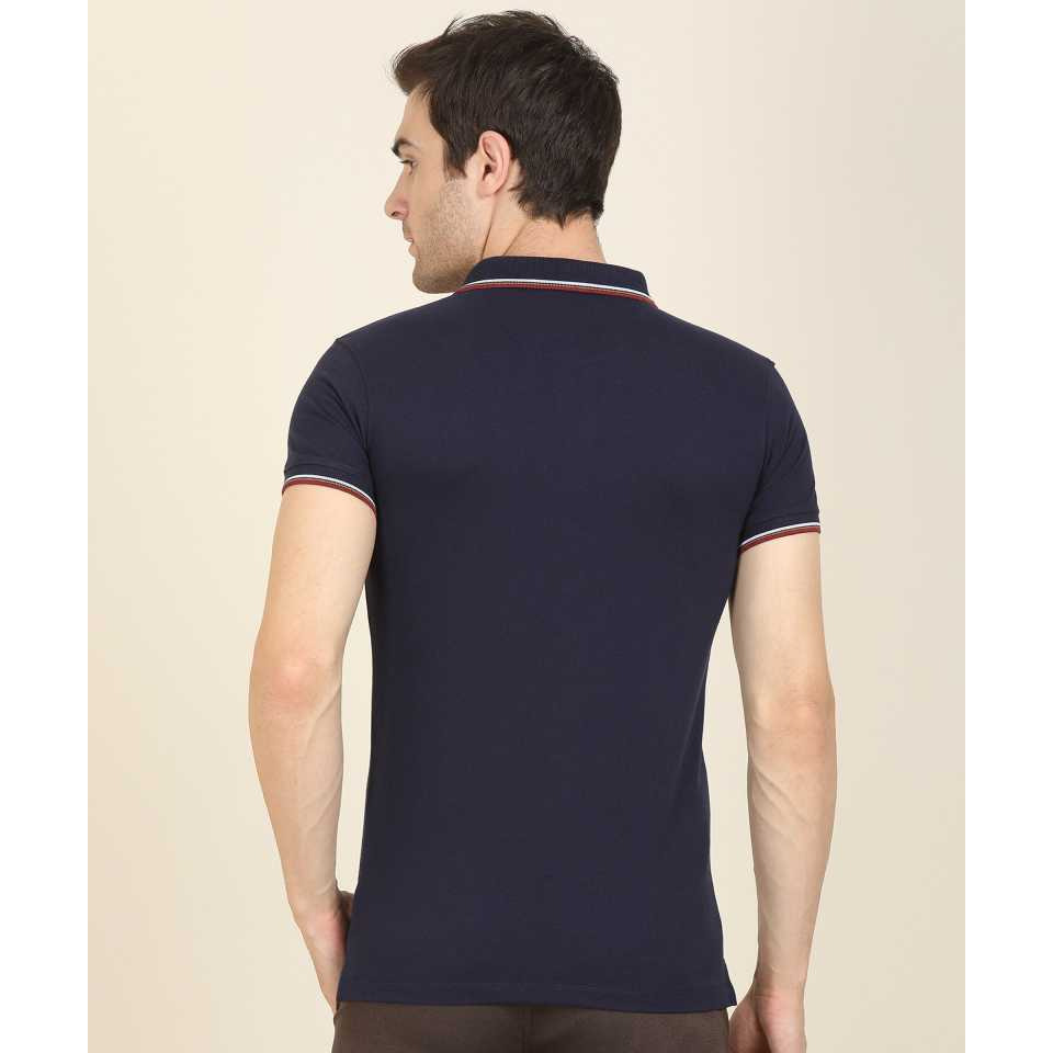 Solid Men Polo Neck Dark Blue T-Shirt (Size: S)