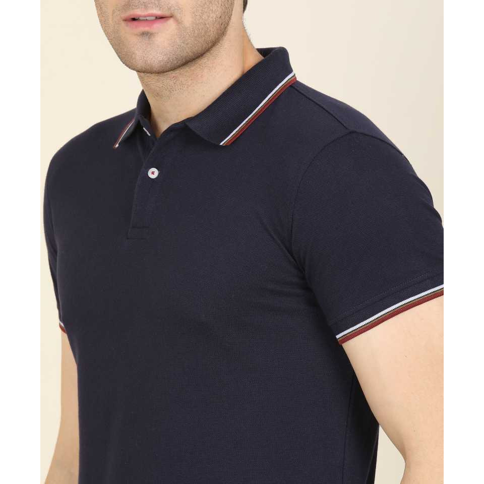 Solid Men Polo Neck Dark Blue T-Shirt (Size: S)