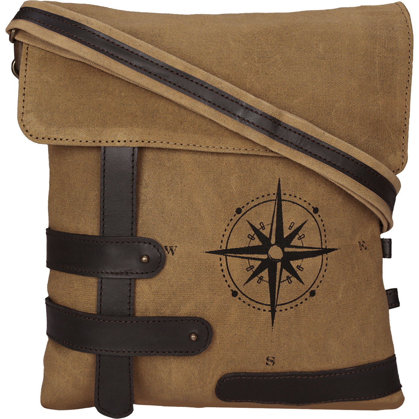 NEUDIS Genuine Leather & Recycled Stone Washed Canvas Travel Sling / Cross Body Bag for iPad & Tablet - Compass (Color:SLING COMPASS BROWN)