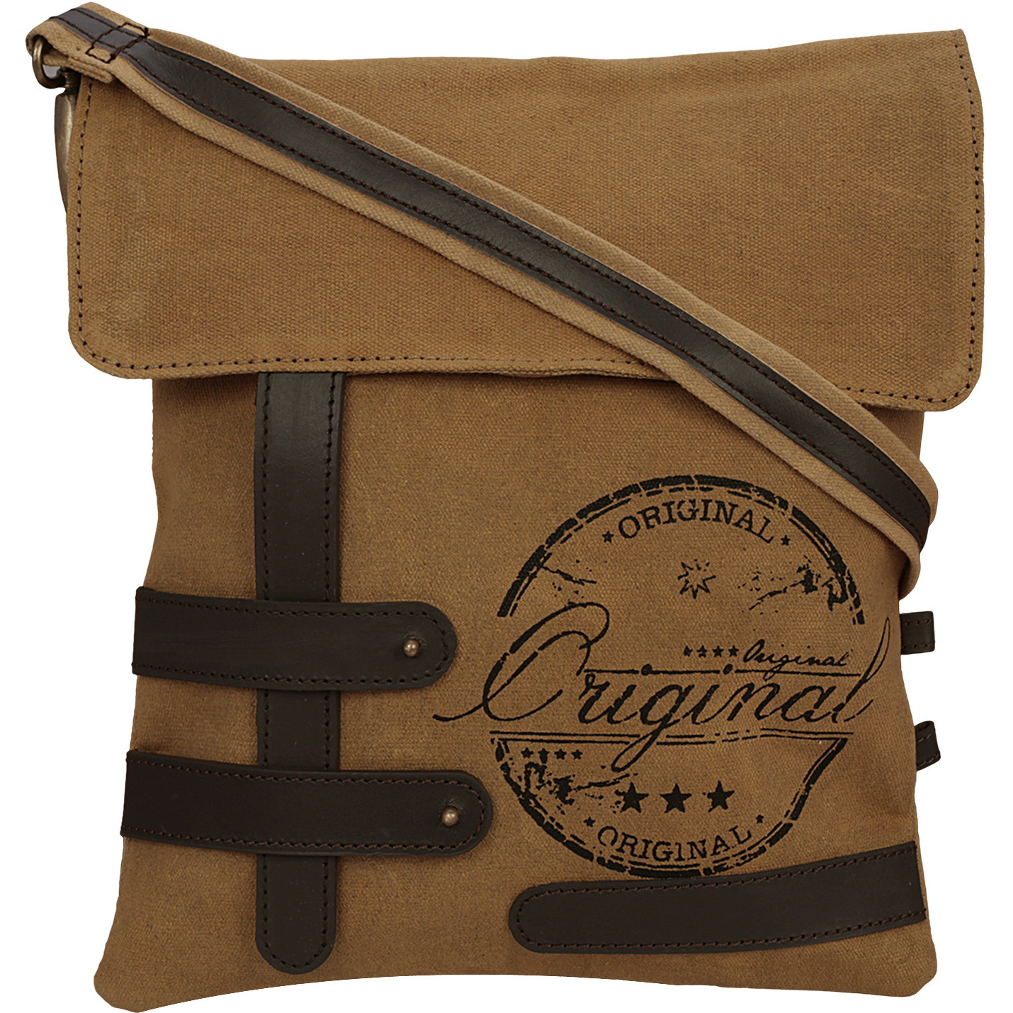 NEUDIS Genuine Leather & Recycled Stone Washed Canvas Travel Sling / Cross Body Bag for iPad & Tablet - Original - Brown
