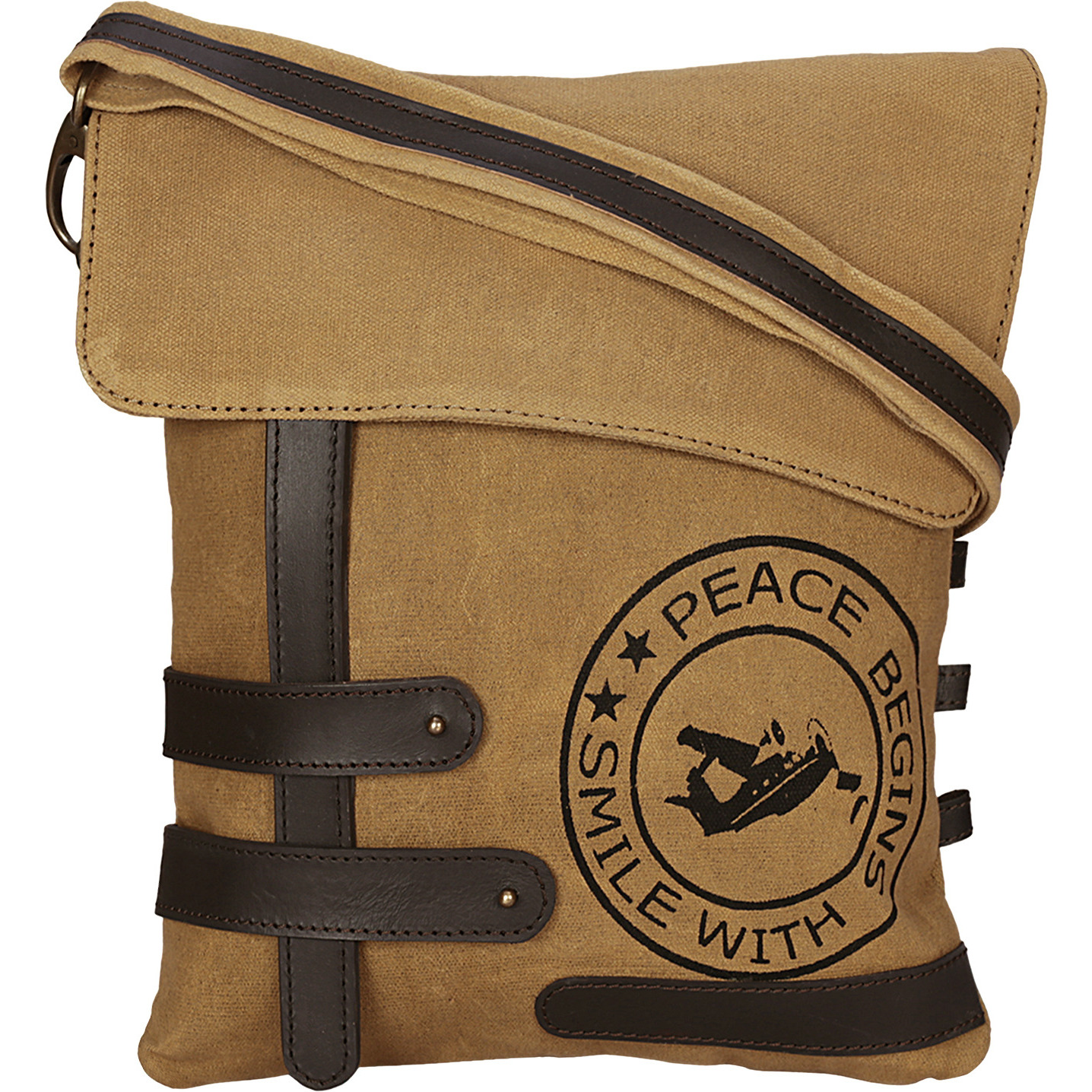 NEUDIS Genuine Leather & Recycled Stone Washed Canvas Travel Sling / Cross Body Bag for iPad & Tablet - Peace Begins With Smile - Brown