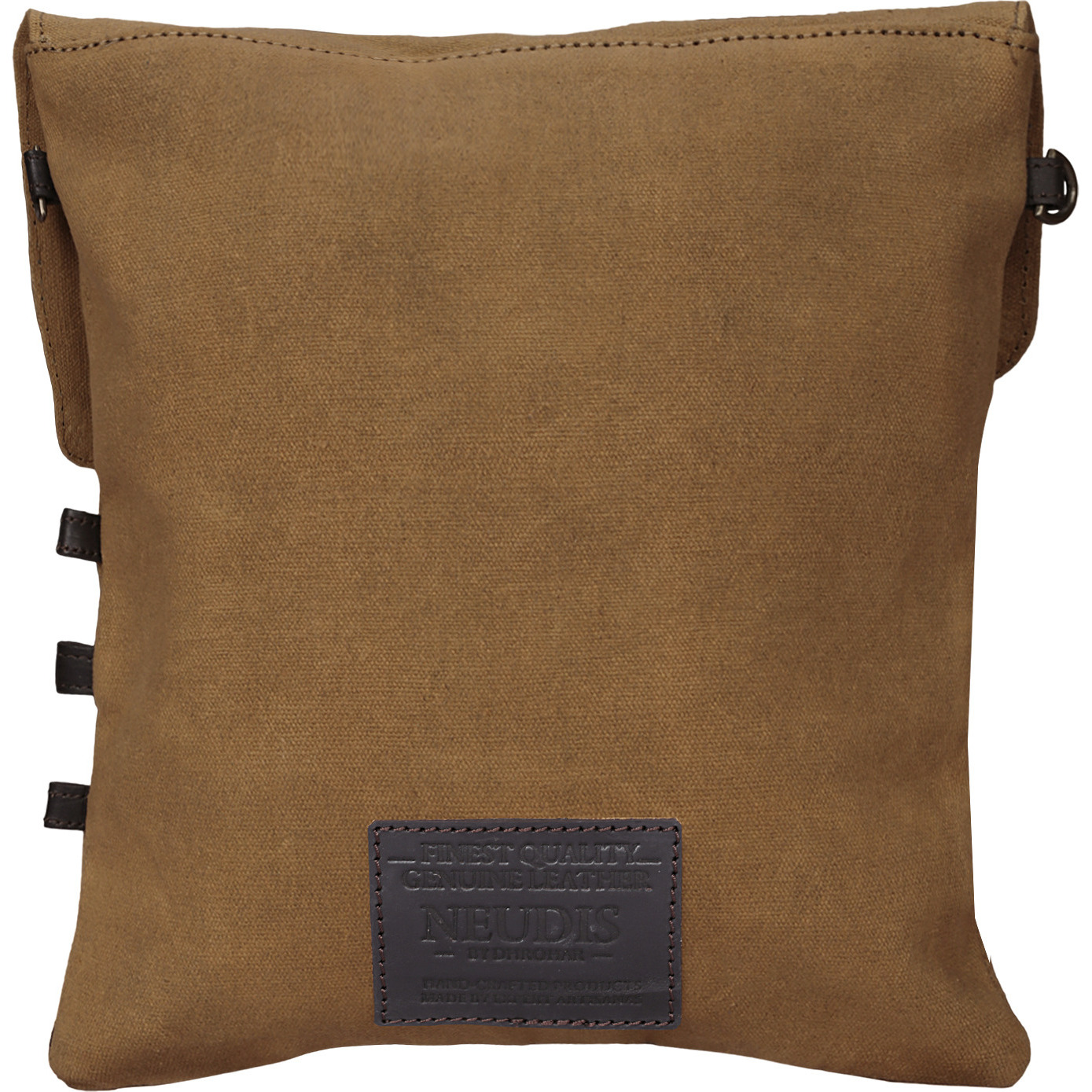 NEUDIS Genuine Leather & Recycled Stone Washed Canvas Travel Sling / Cross Body Bag for iPad & Tablet - Peace Begins With Smile - Brown