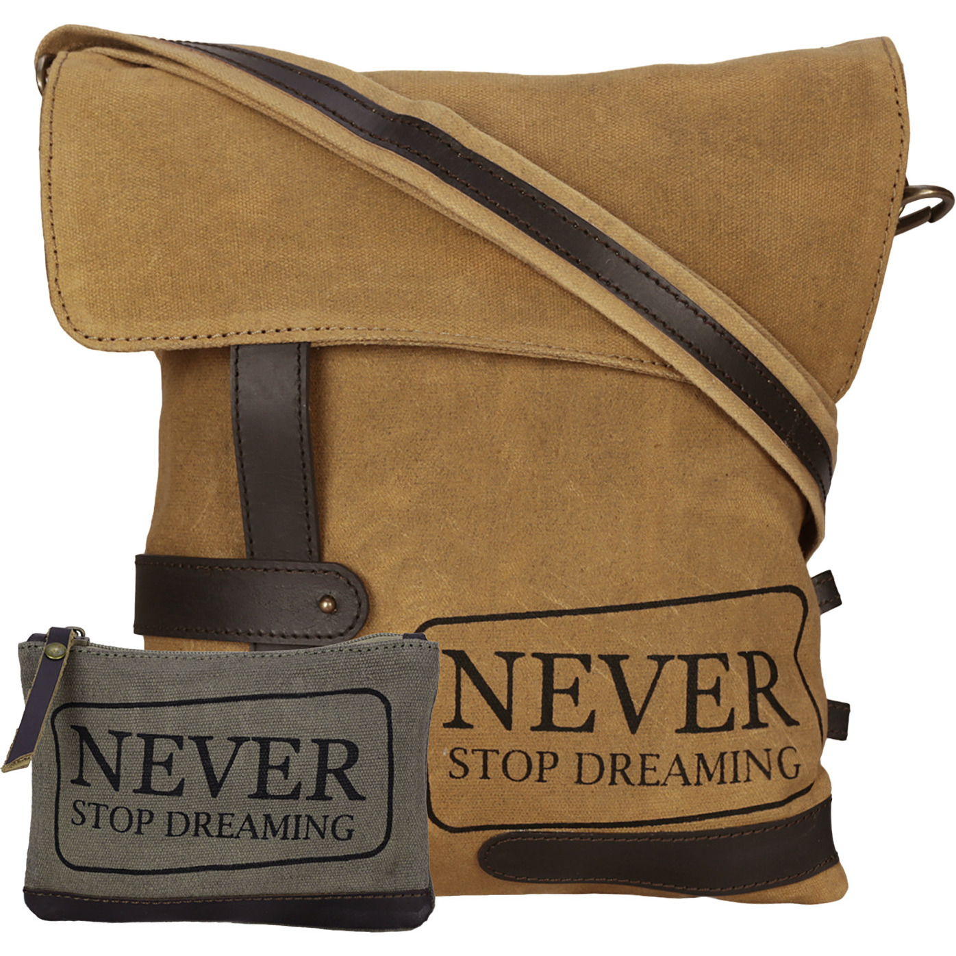 NEUDIS Genuine Leather & Recycled Stone Washed Canvas Travel Sling / Cross Body Bag for iPad & Tablet - Never Stop Dreaming - Brown