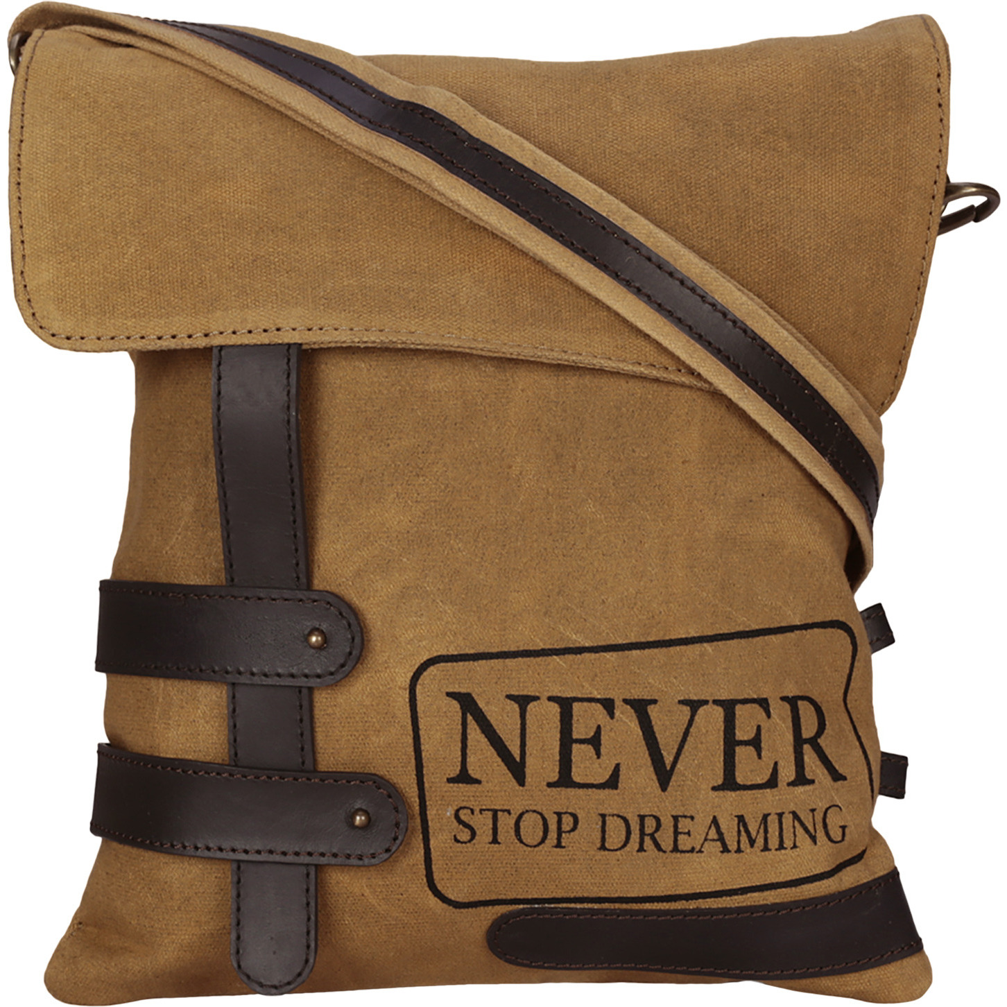 NEUDIS Genuine Leather & Recycled Stone Washed Canvas Travel Sling / Cross Body Bag for iPad & Tablet - Never Stop Dreaming - Brown