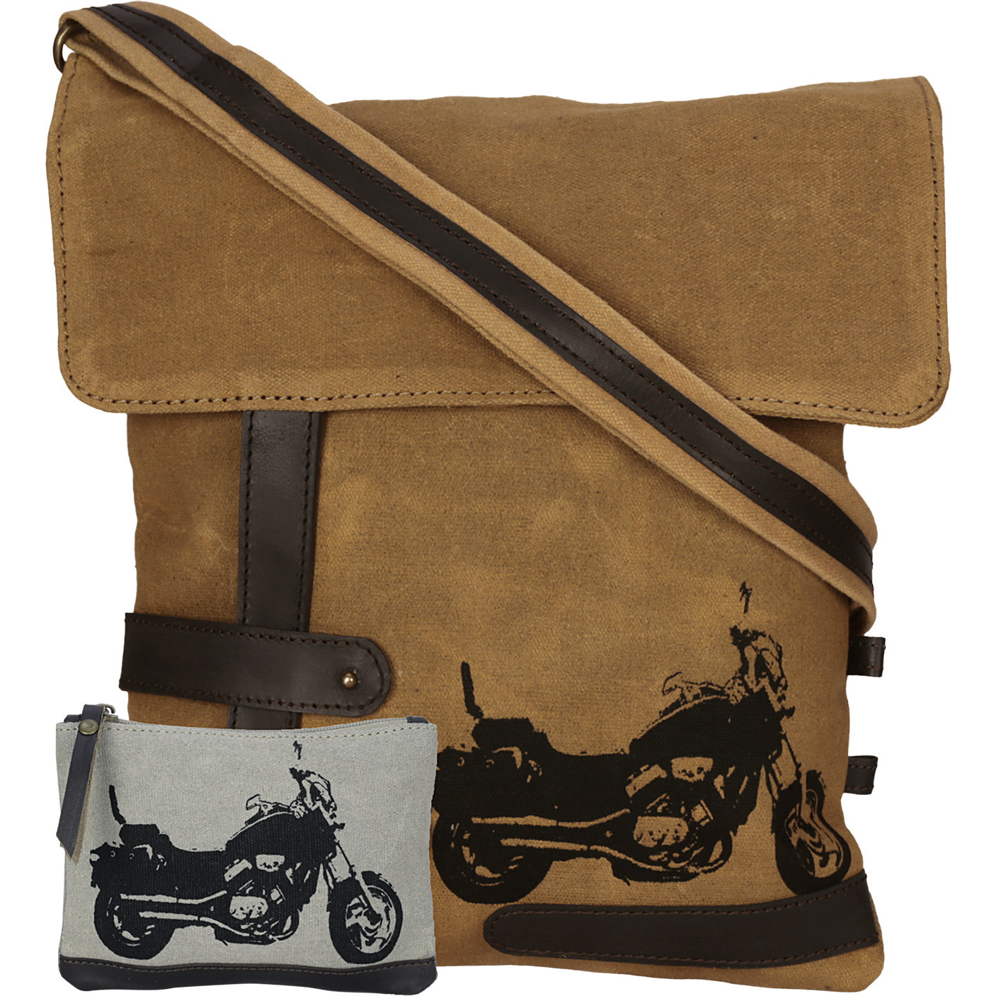NEUDIS Genuine Leather & Recycled Stone Washed Canvas Travel Sling / Cross Body Bag for iPad & Tablet - Bike - Brown
