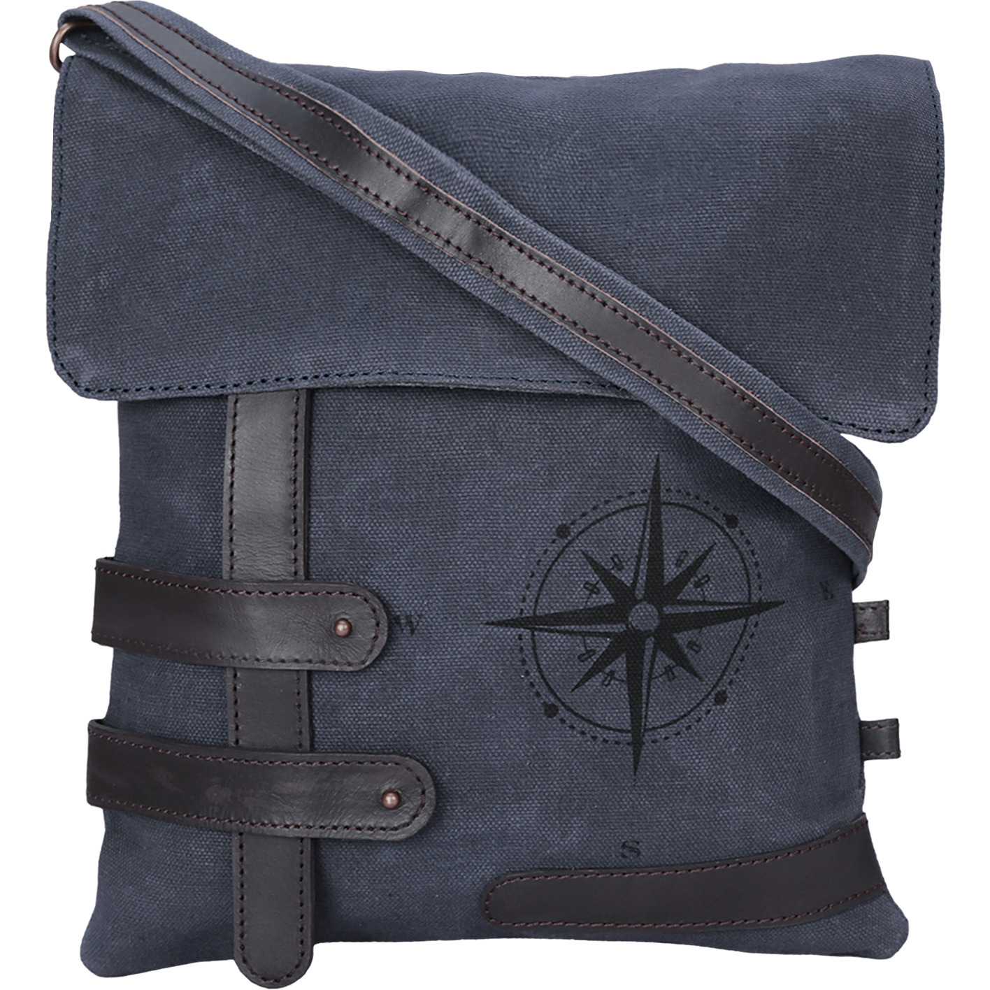 NEUDIS Genuine Leather & Recycled Stone Washed Canvas Travel Sling / Cross Body Bag for iPad & Tablet - Compass - Blue