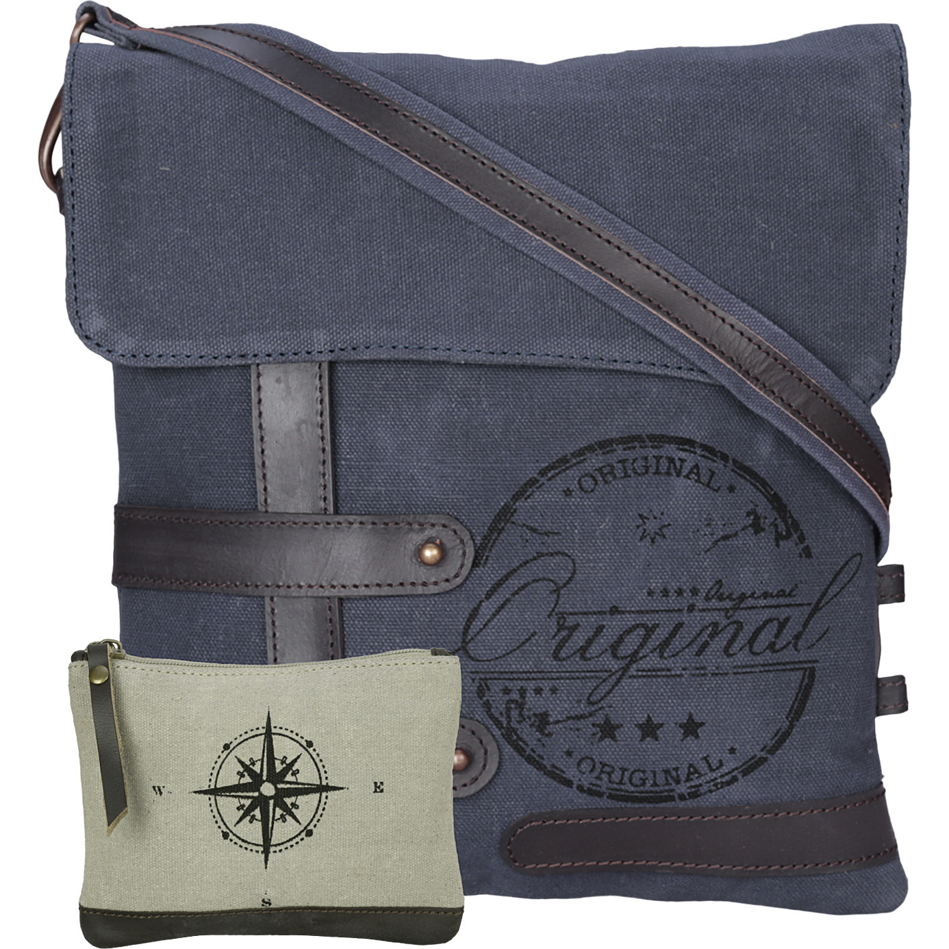 NEUDIS Genuine Leather & Recycled Stone Washed Canvas Travel Sling / Cross Body Bag for iPad & Tablet - Original - Blue