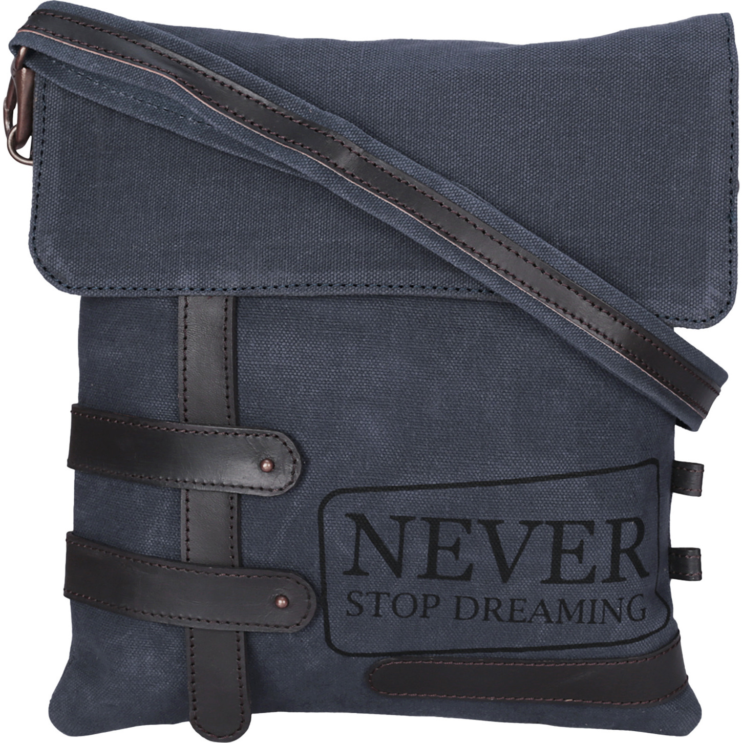 NEUDIS Genuine Leather & Recycled Stone Washed Canvas Travel Sling / Cross Body Bag for iPad & Tablet - Never Stop Dreaming - Blue