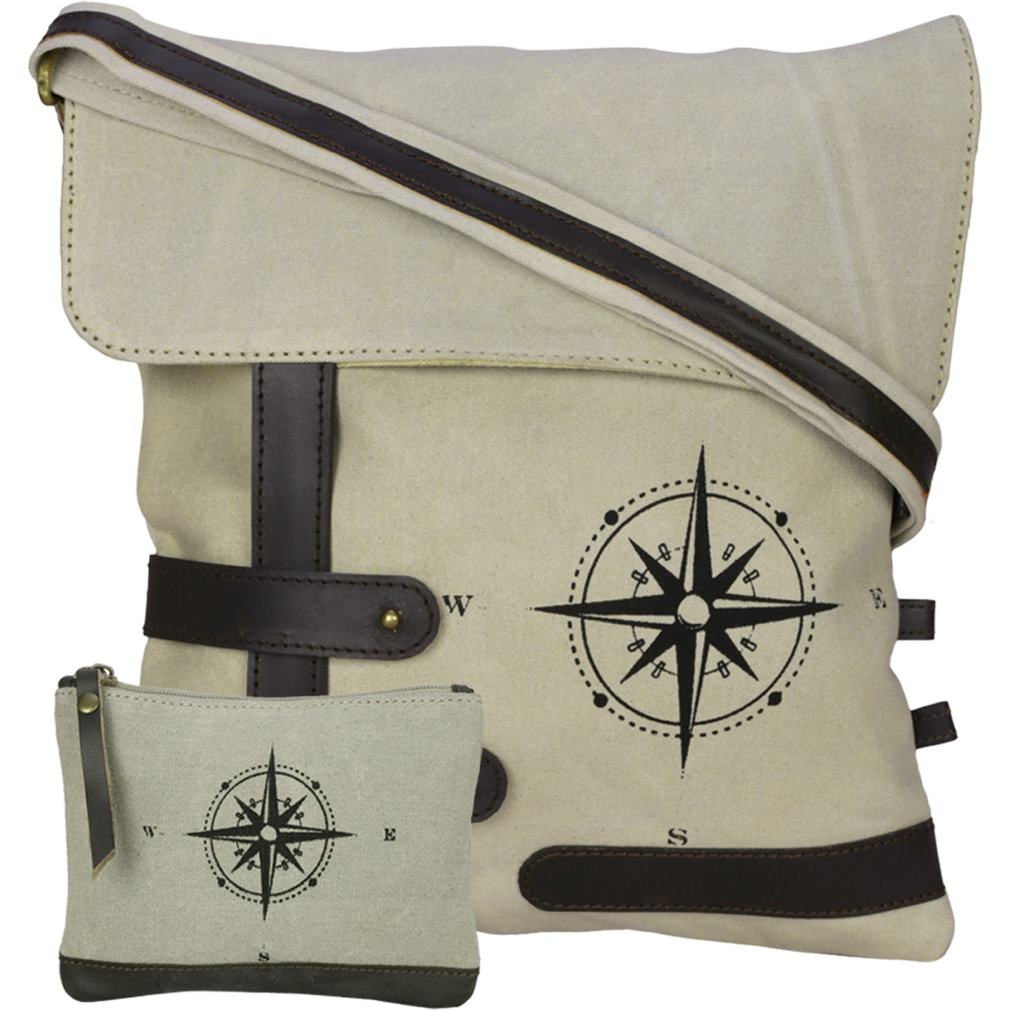 NEUDIS Genuine Leather & Recycled Stone Washed Canvas Travel Sling / Cross Body Bag for iPad & Tablet - Compass - Beige