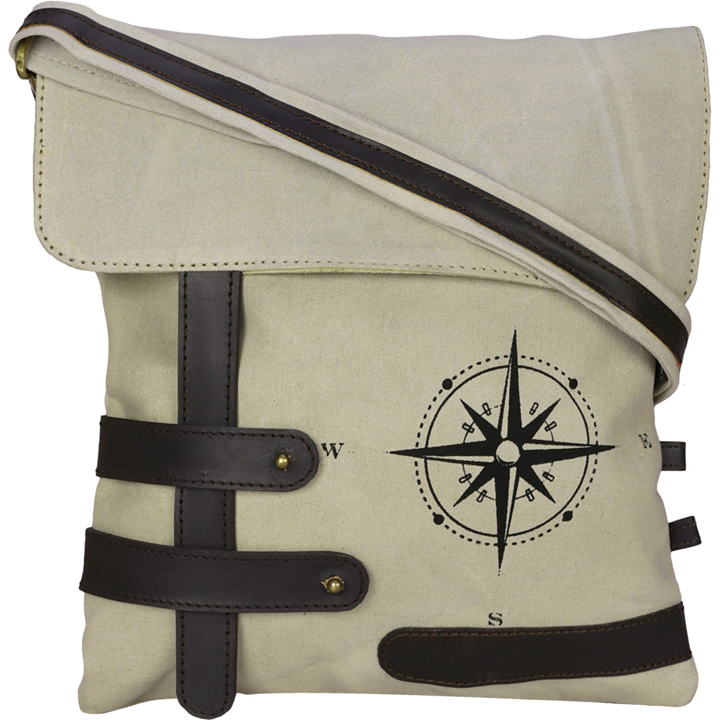 NEUDIS Genuine Leather & Recycled Stone Washed Canvas Travel Sling / Cross Body Bag for iPad & Tablet - Compass - Beige