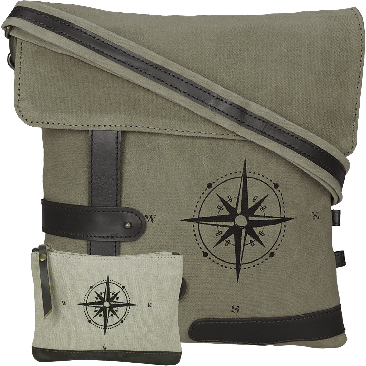 NEUDIS Genuine Leather & Recycled Stone Washed Canvas Travel Sling / Cross Body Bag for iPad & Tablet - Compass - Green
