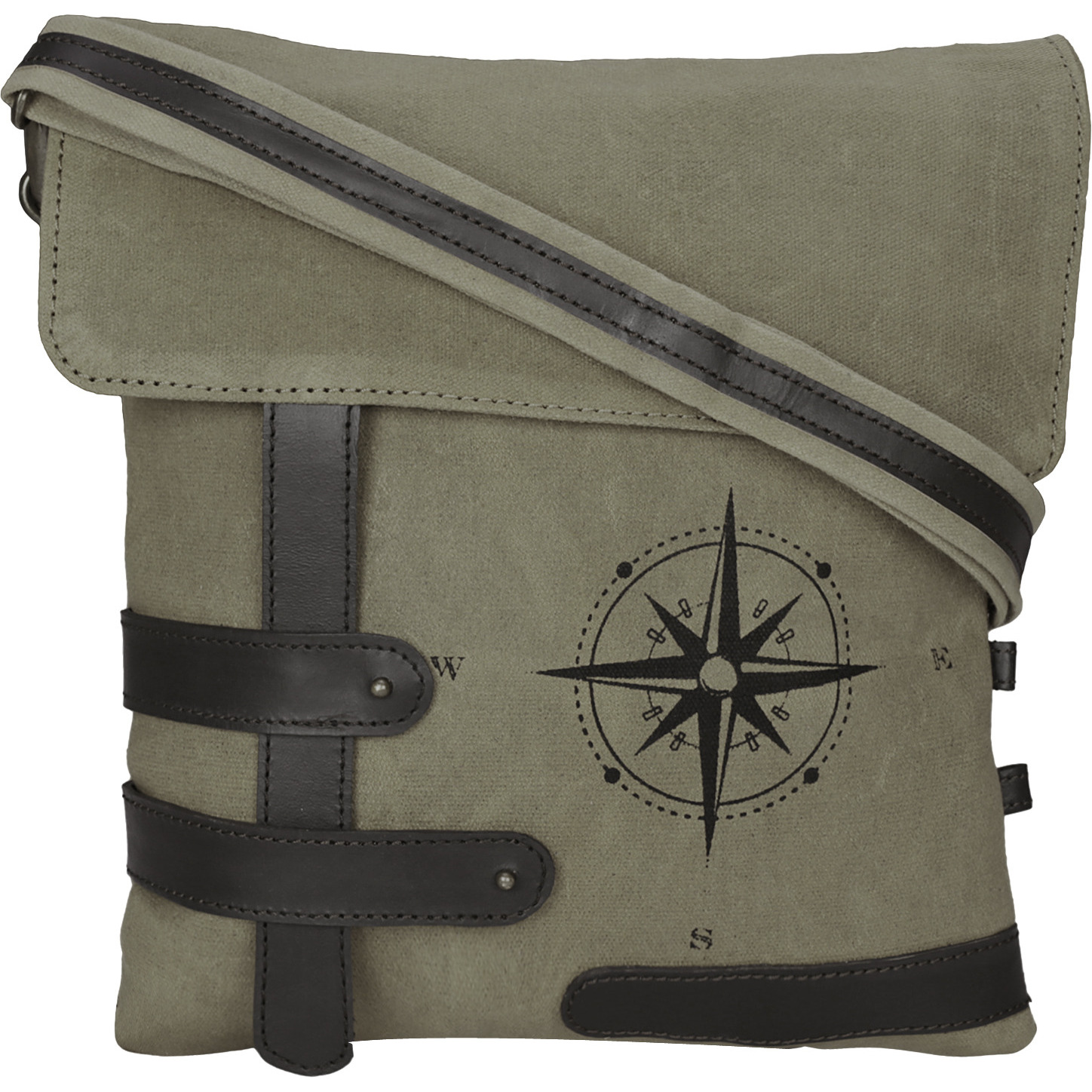 NEUDIS Genuine Leather & Recycled Stone Washed Canvas Travel Sling / Cross Body Bag for iPad & Tablet - Compass - Green