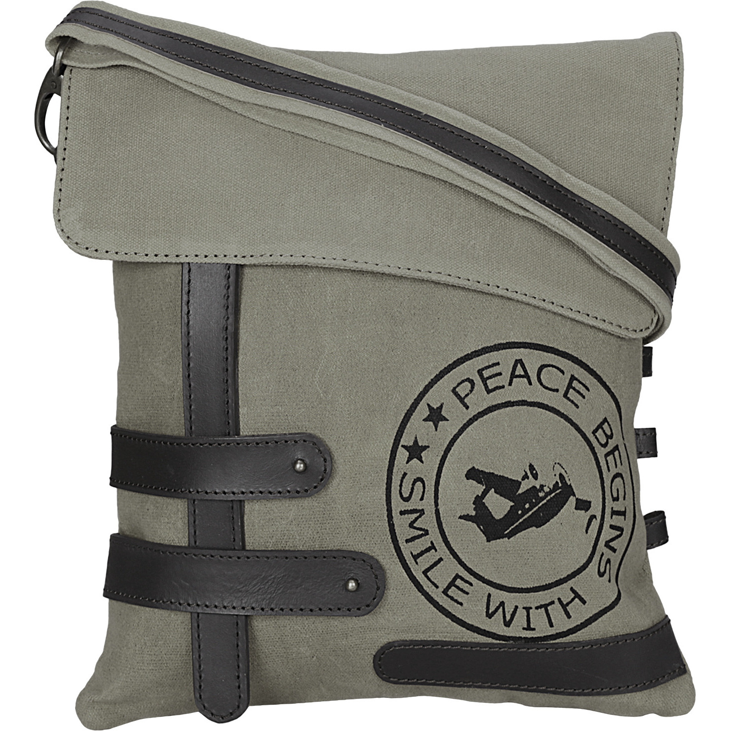 NEUDIS Genuine Leather & Recycled Stone Washed Canvas Travel Sling / Cross Body Bag for iPad & Tablet -  Peace Begins With Smile - Green