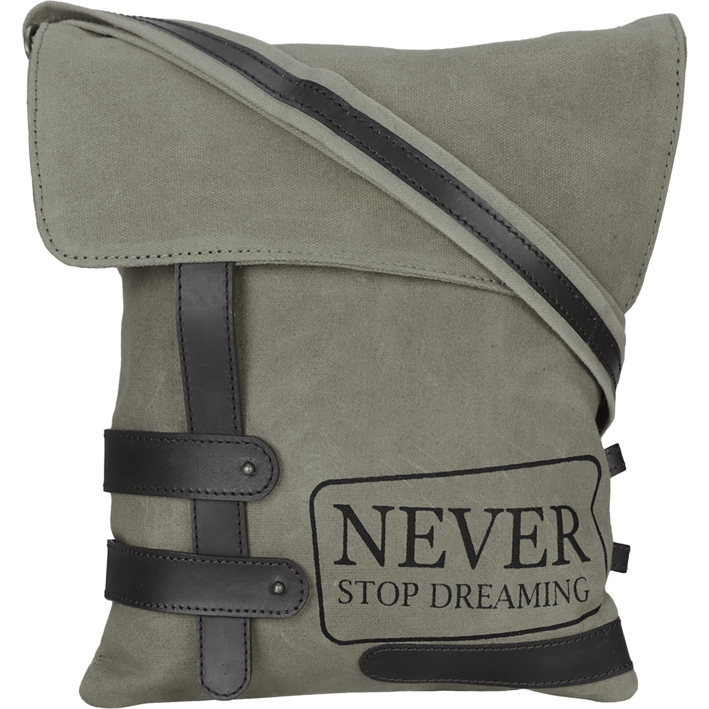 NEUDIS Genuine Leather & Recycled Stone Washed Canvas Travel Sling / Cross Body Bag for iPad & Tablet - Never Stop Dreaming - Green