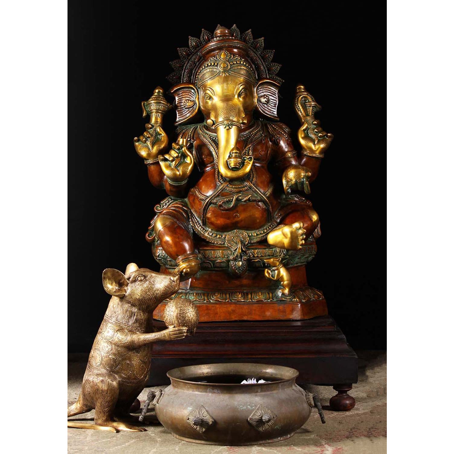 Brass Seated Ganesha Statue with Mooshika 32 Inches