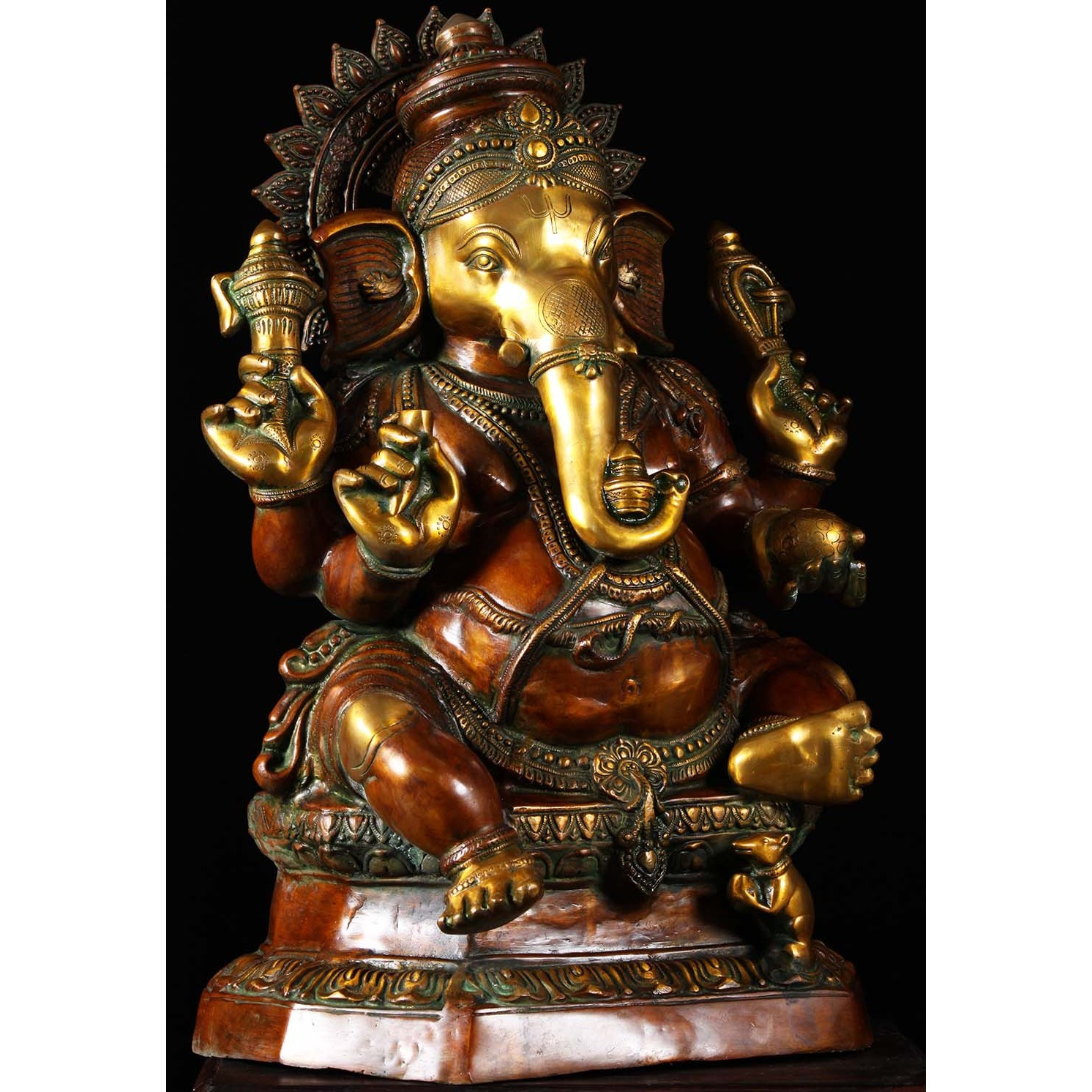 Brass Seated Ganesha Statue with Mooshika 32 Inches
