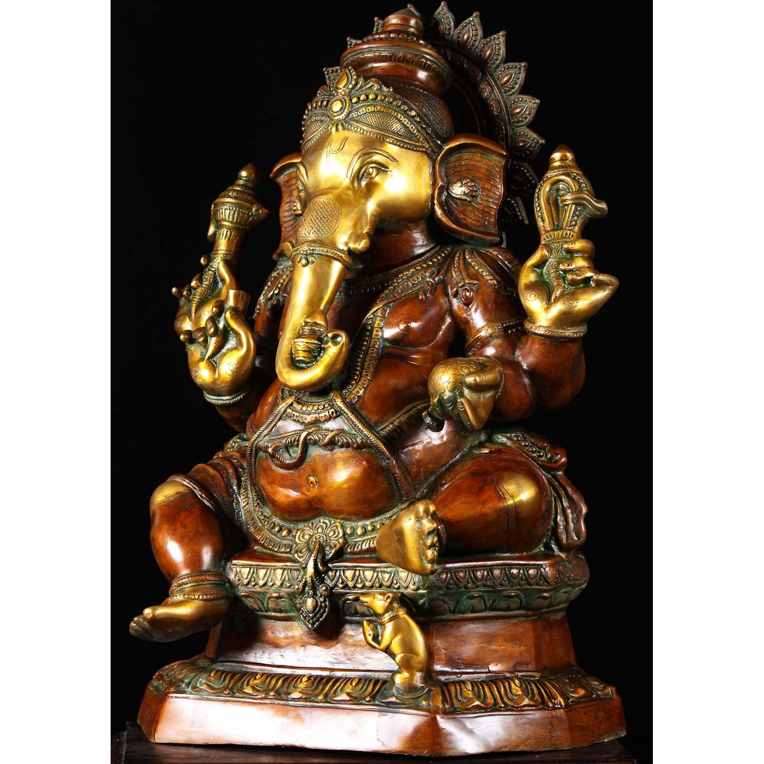 Brass Seated Ganesha Statue with Mooshika 32 Inches