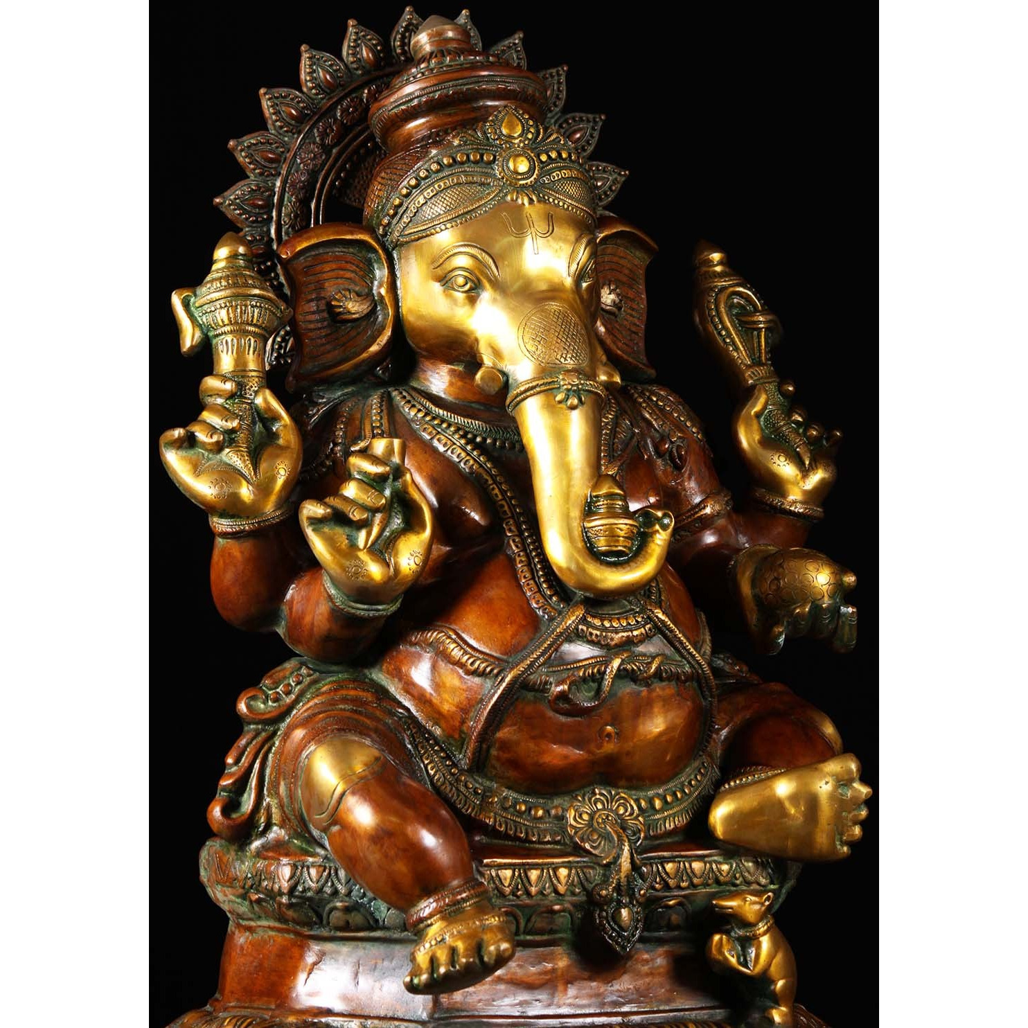 Brass Seated Ganesha Statue with Mooshika 32 Inches