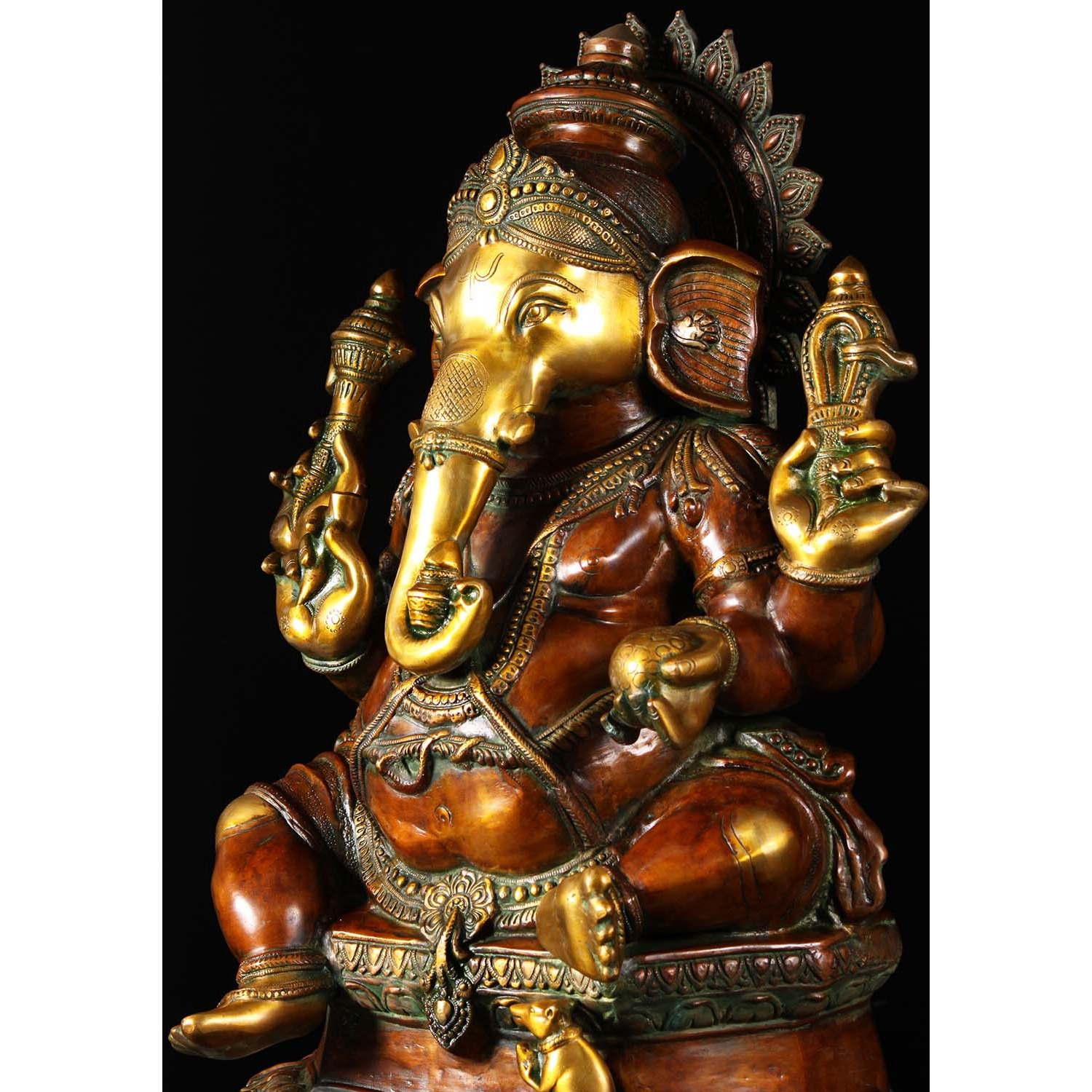 Brass Seated Ganesha Statue with Mooshika 32 Inches