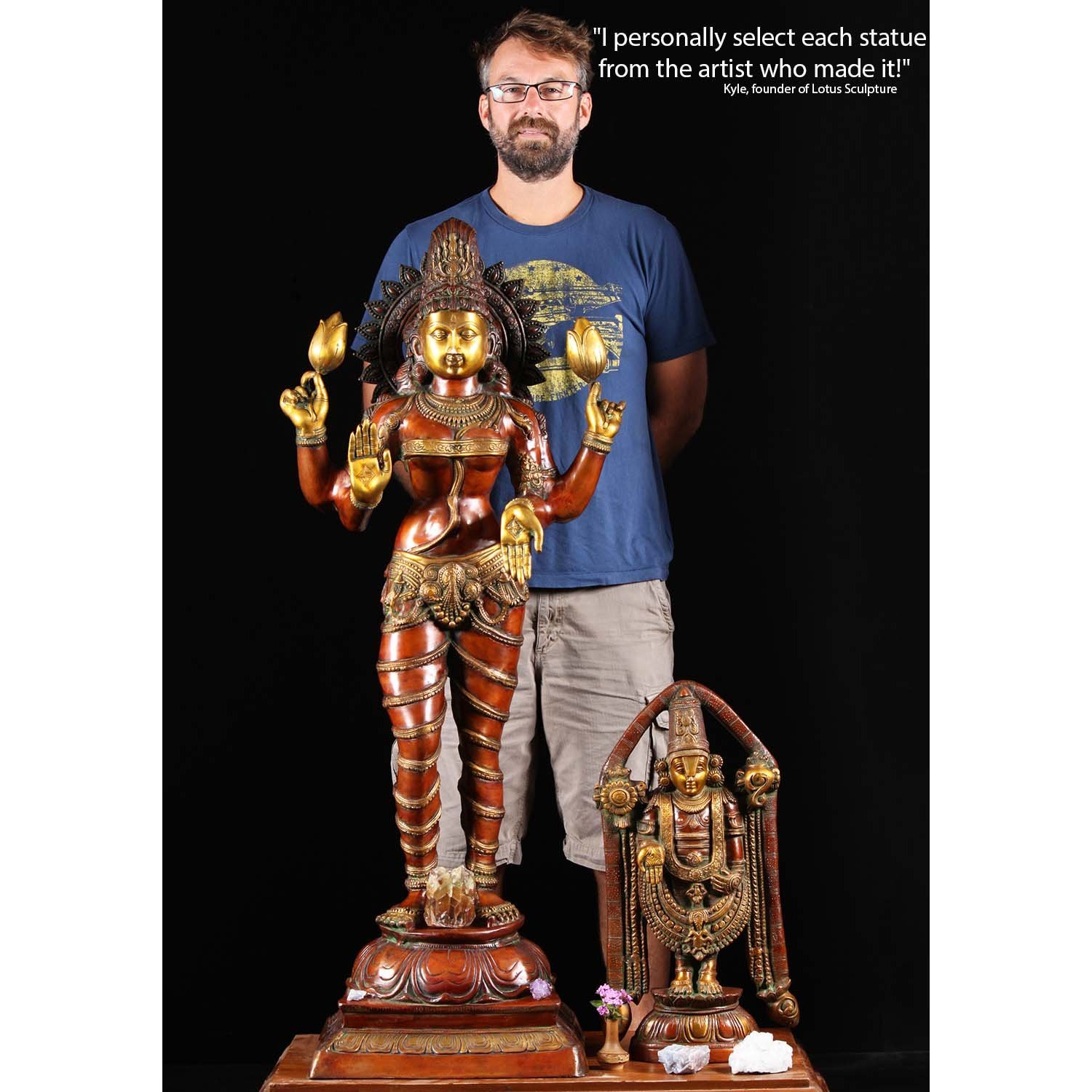 Brass Lakshmi Statue Holding 2 Lotus Flowers 52 Inches