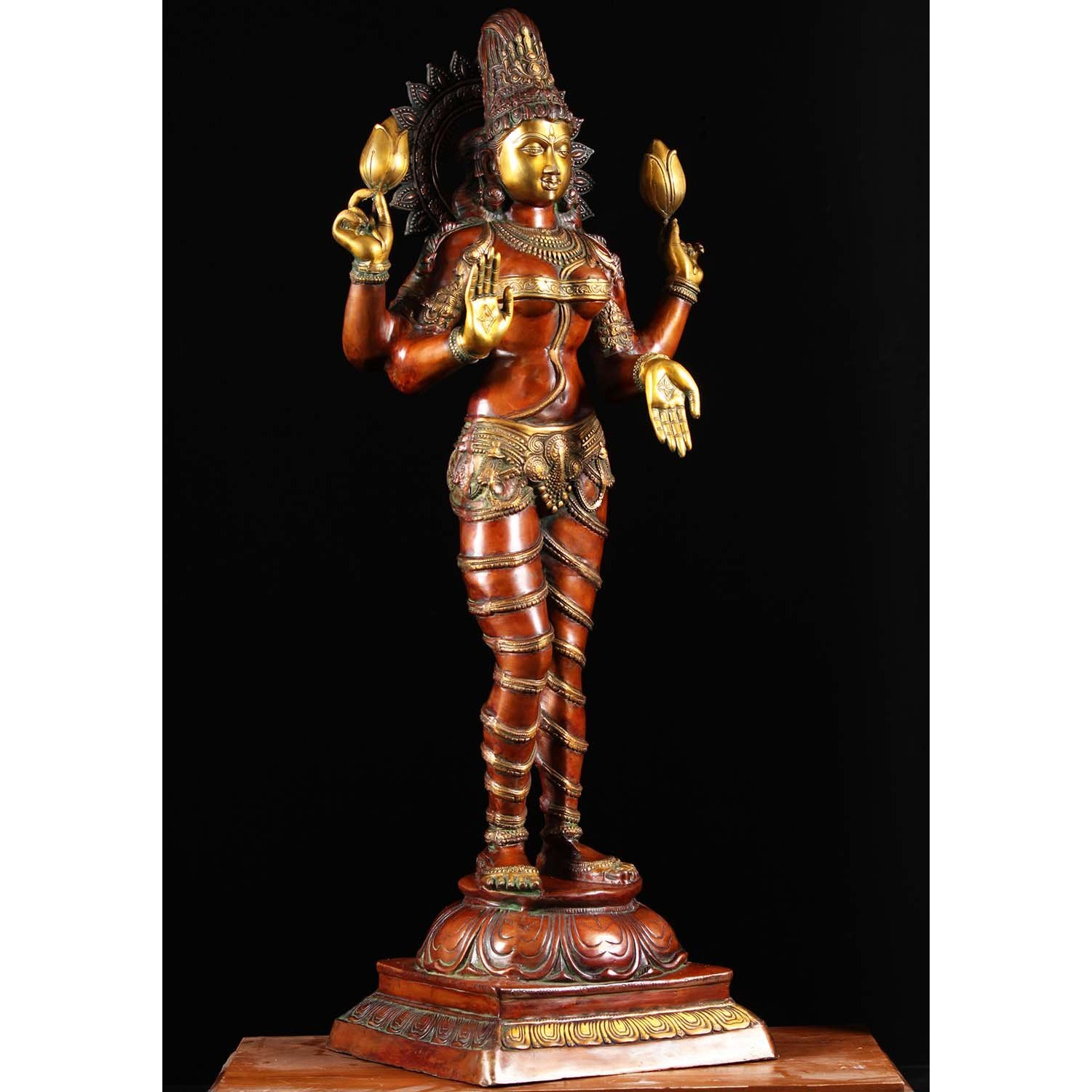 Brass Lakshmi Statue Holding 2 Lotus Flowers 52 Inches