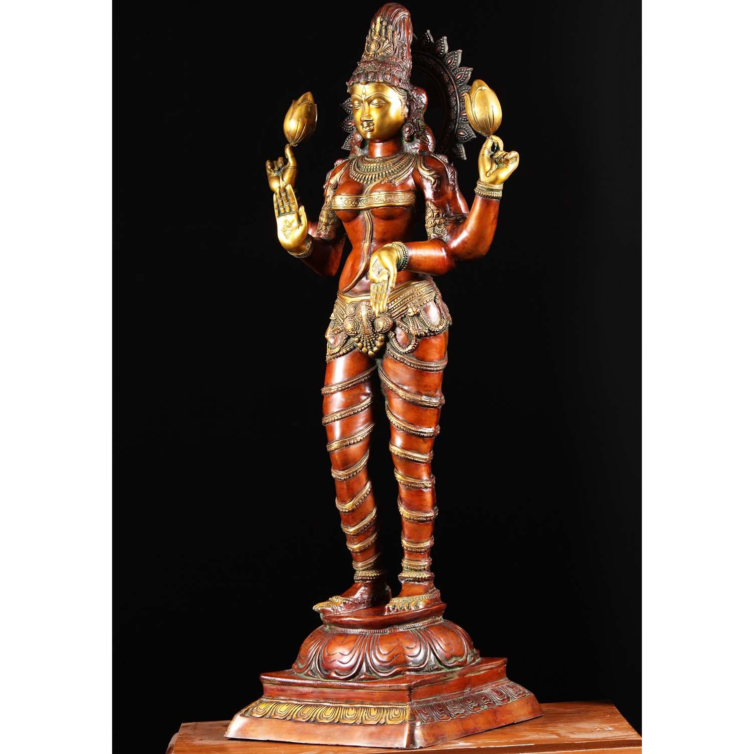 Brass Lakshmi Statue Holding 2 Lotus Flowers 52 Inches