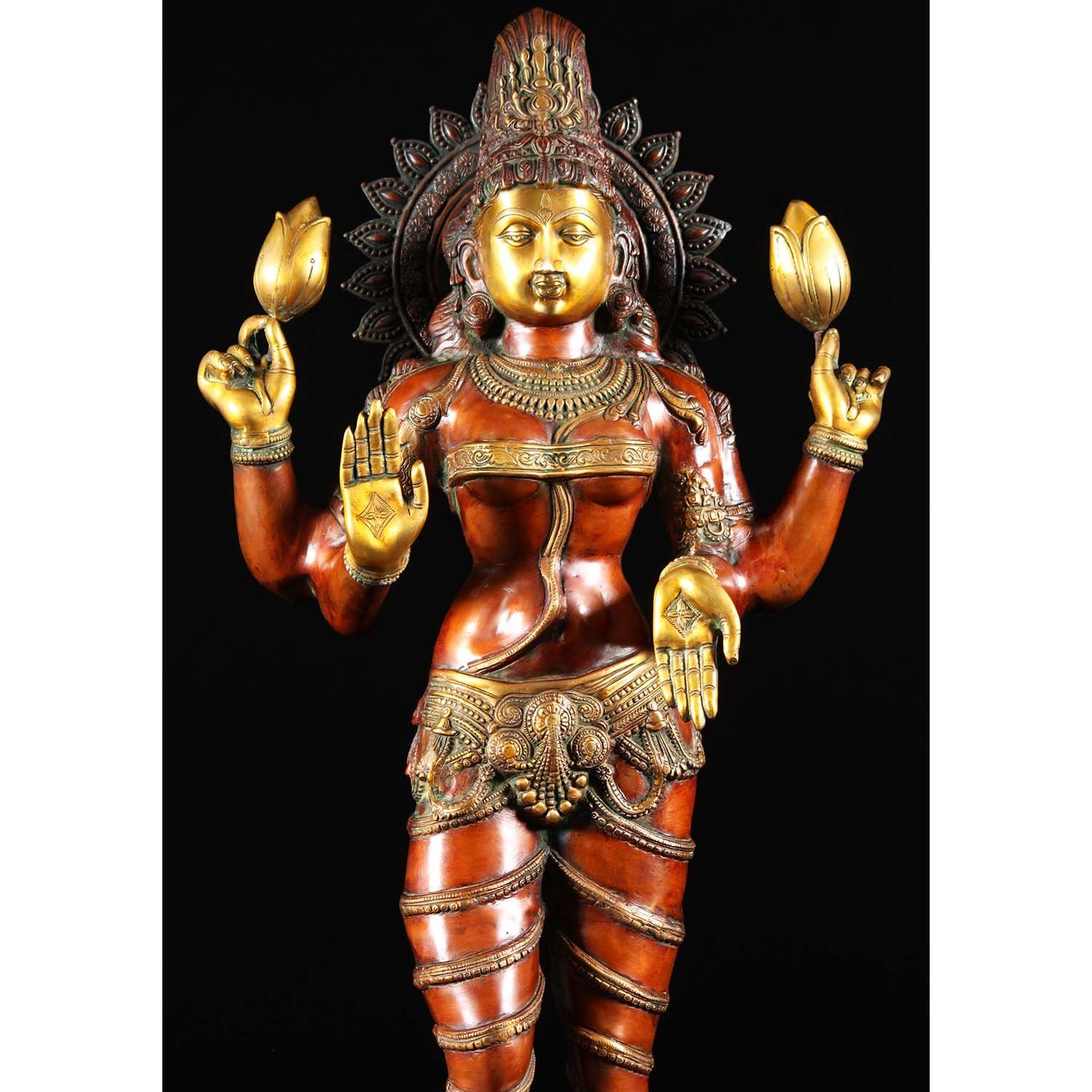 Brass Lakshmi Statue Holding 2 Lotus Flowers 52 Inches