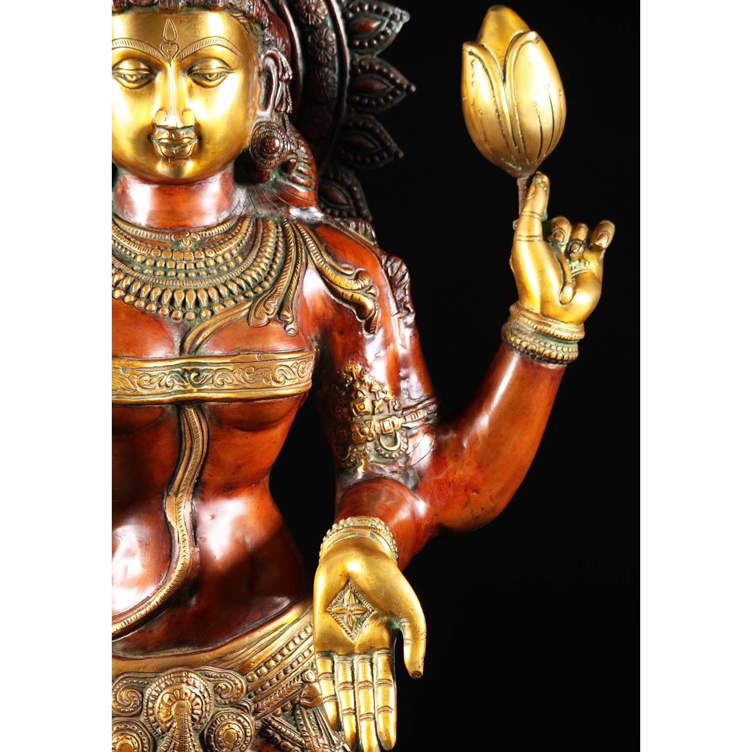 Brass Lakshmi Statue Holding 2 Lotus Flowers 52 Inches