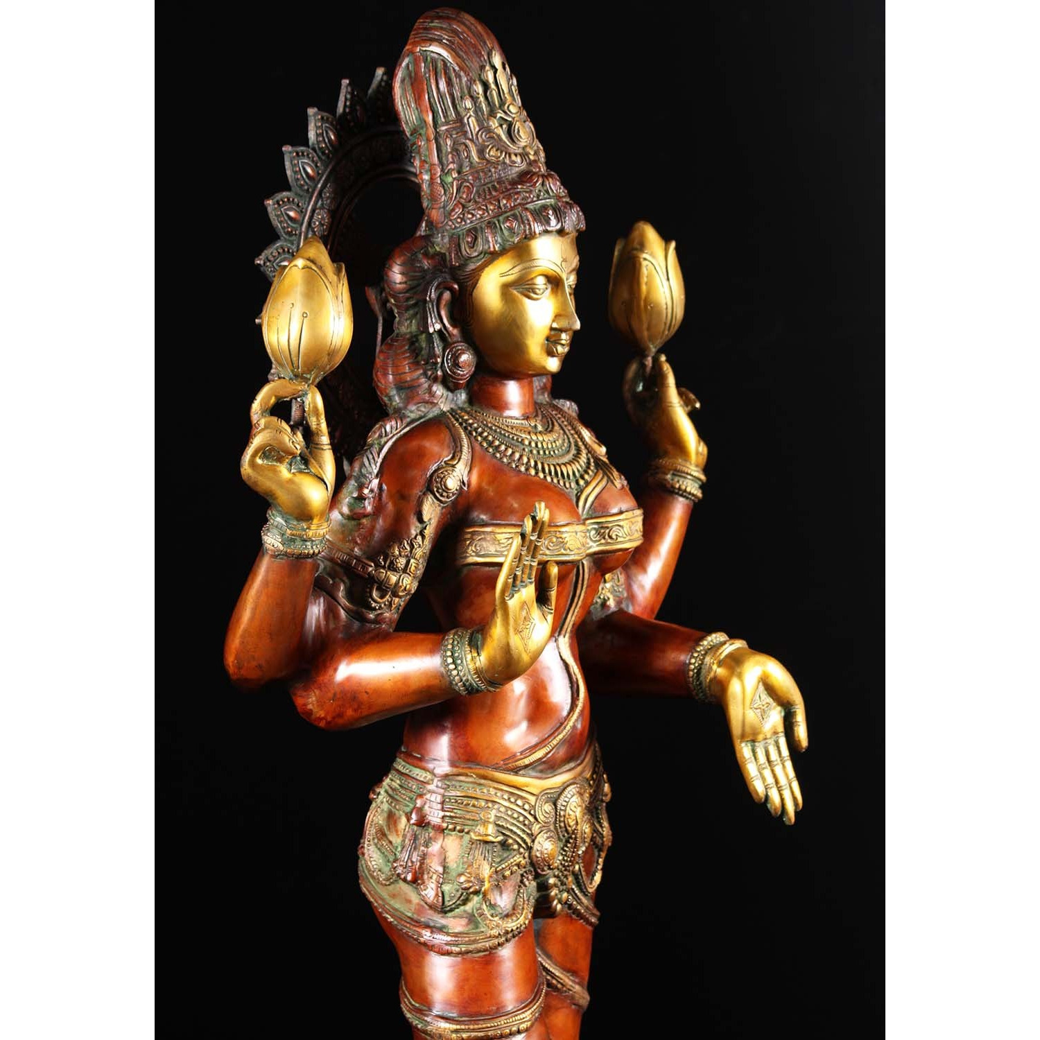 Brass Lakshmi Statue Holding 2 Lotus Flowers 52 Inches