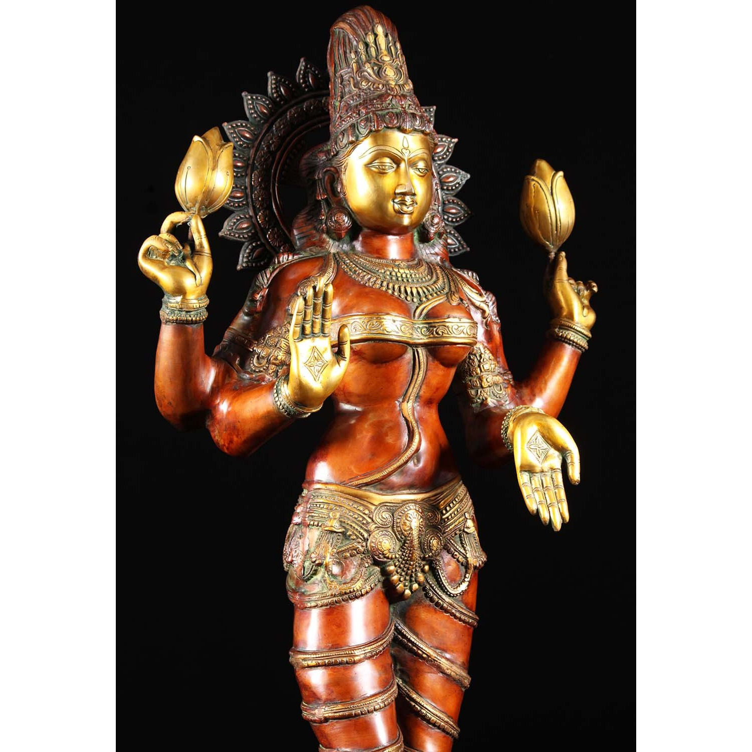 Brass Lakshmi Statue Holding 2 Lotus Flowers 52 Inches