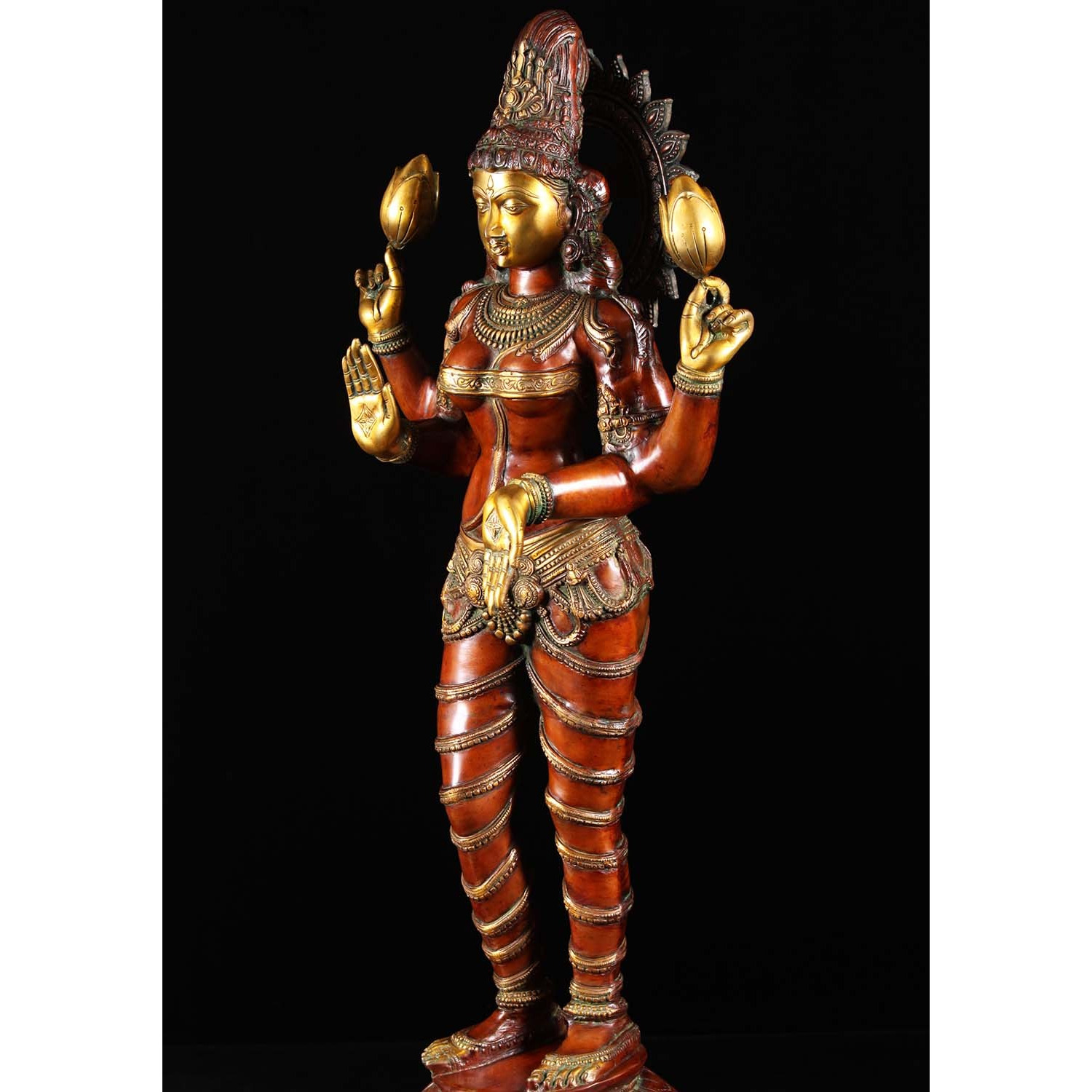 Brass Lakshmi Statue Holding 2 Lotus Flowers 52 Inches