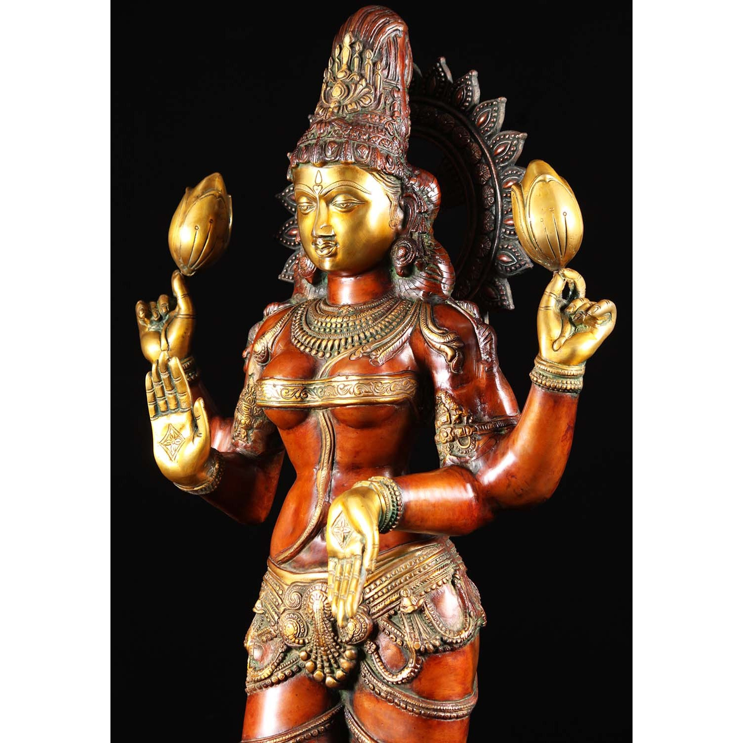 Brass Lakshmi Statue Holding 2 Lotus Flowers 52 Inches