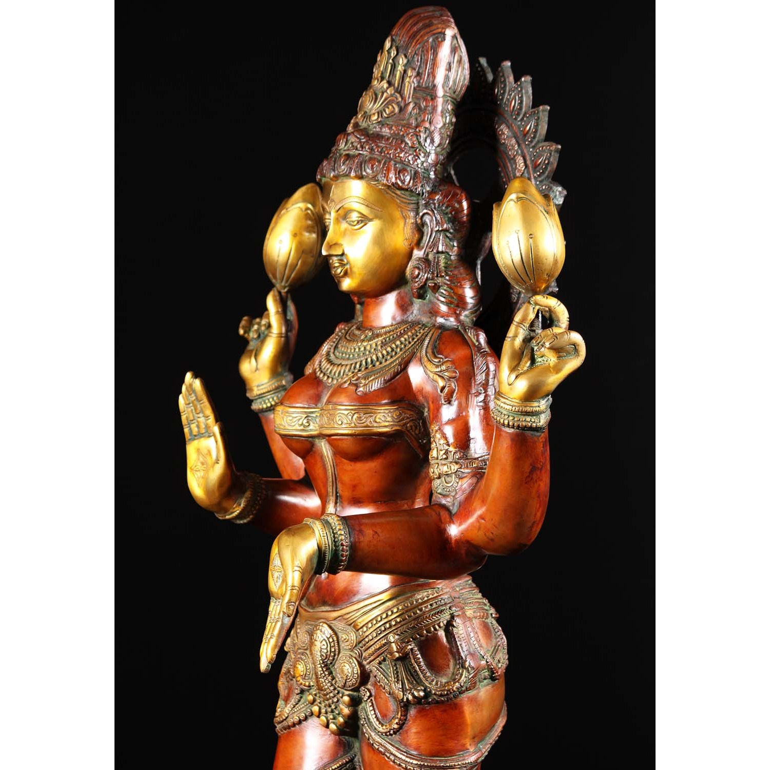 Brass Lakshmi Statue Holding 2 Lotus Flowers 52 Inches