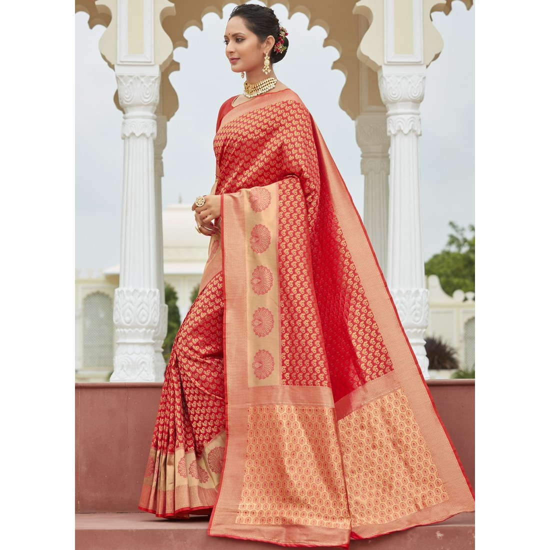 Designer Red Silk Wedding Wear Saree For Women