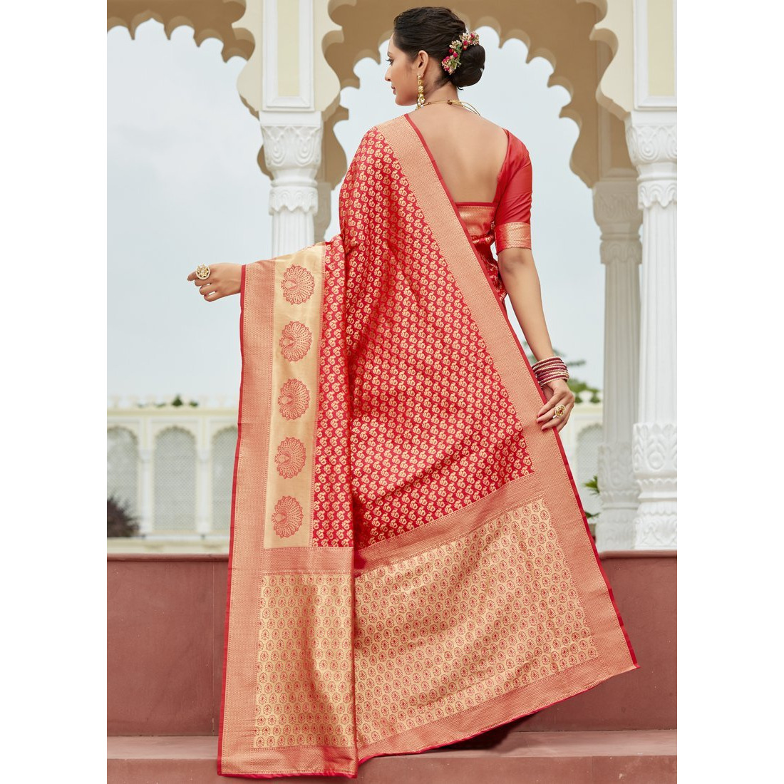 Designer Red Silk Wedding Wear Saree For Women