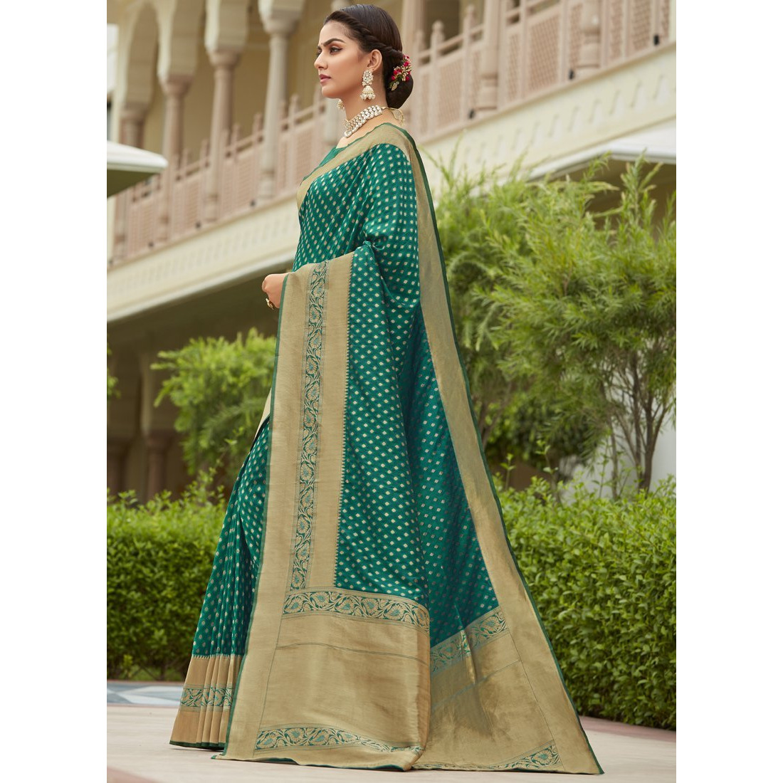 Designer Aqua Green Silk Wedding Wear Saree For Women