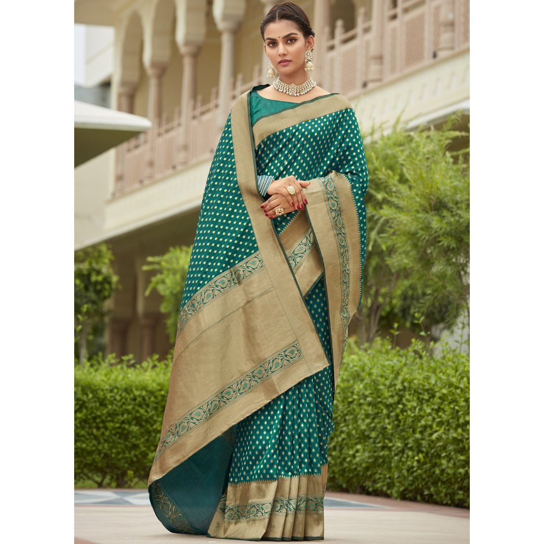 Designer Aqua Green Silk Wedding Wear Saree For Women