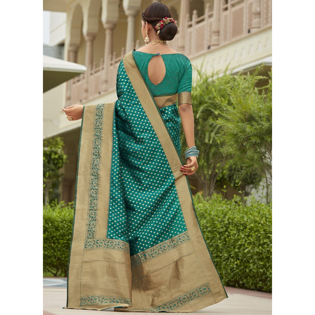 Designer Aqua Green Silk Wedding Wear Saree For Women