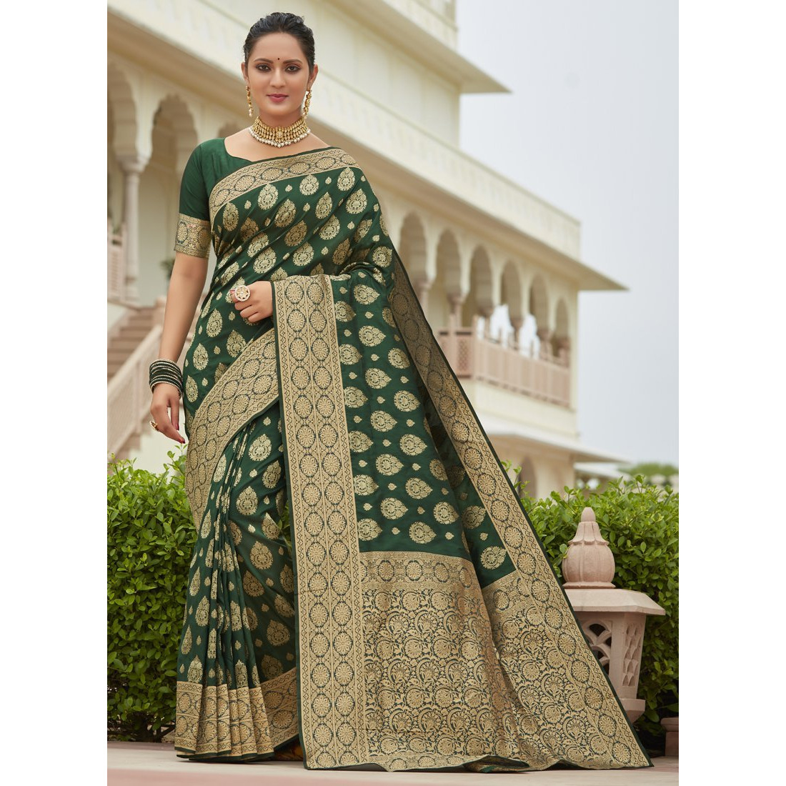 Designer Dark Green Silk Wedding Wear Saree For Women