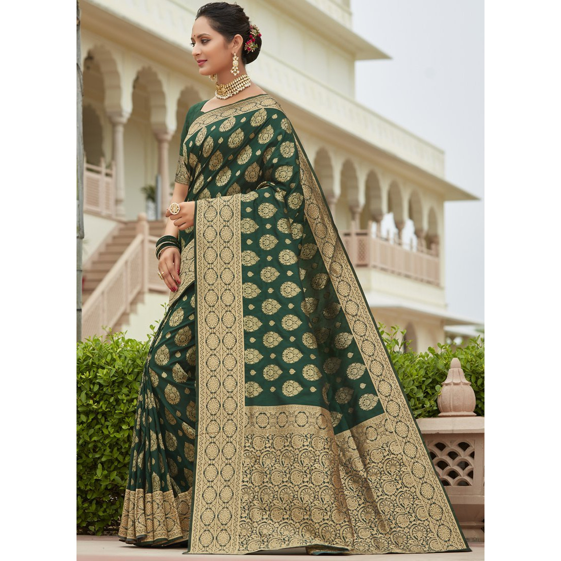 Designer Dark Green Silk Wedding Wear Saree For Women