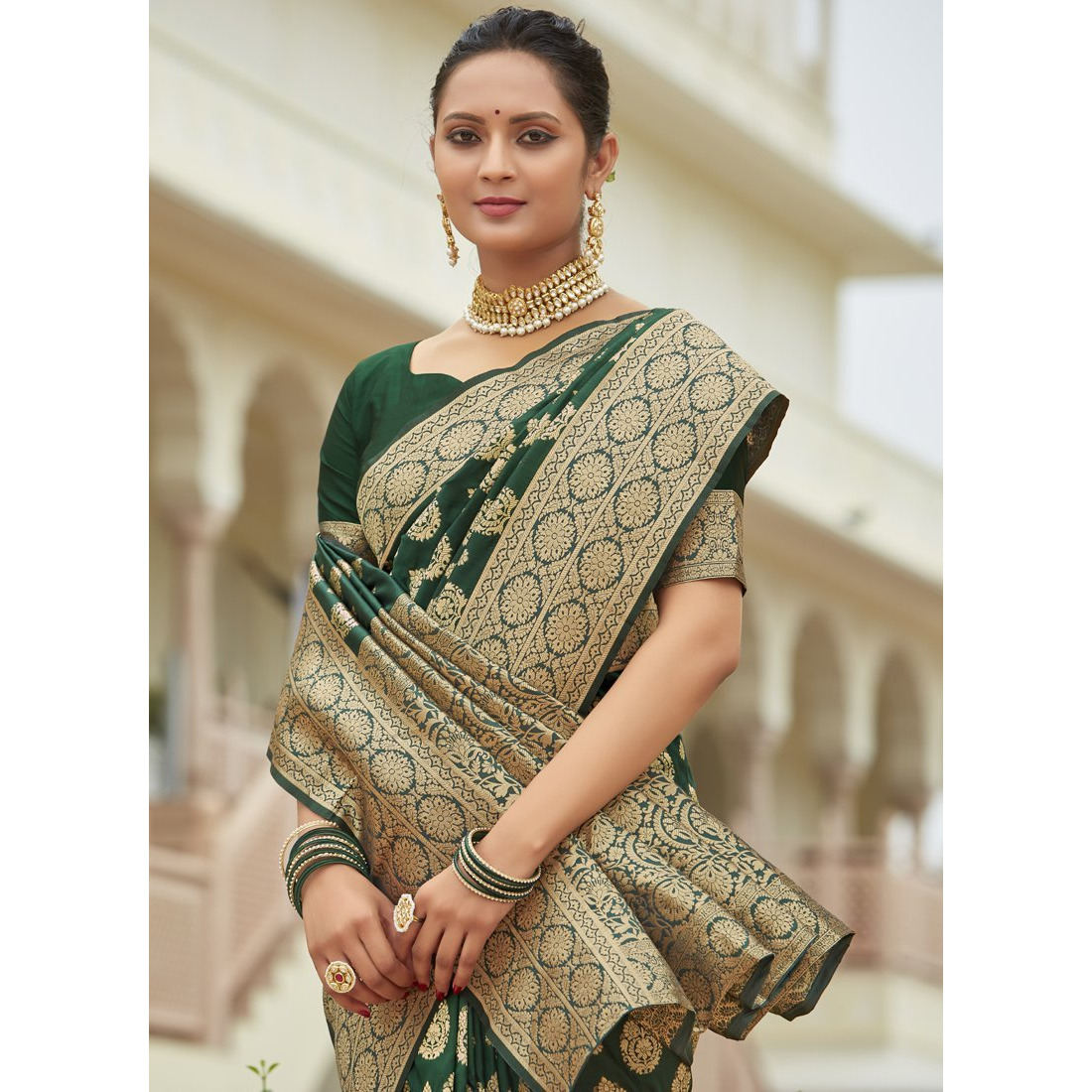 Designer Dark Green Silk Wedding Wear Saree For Women