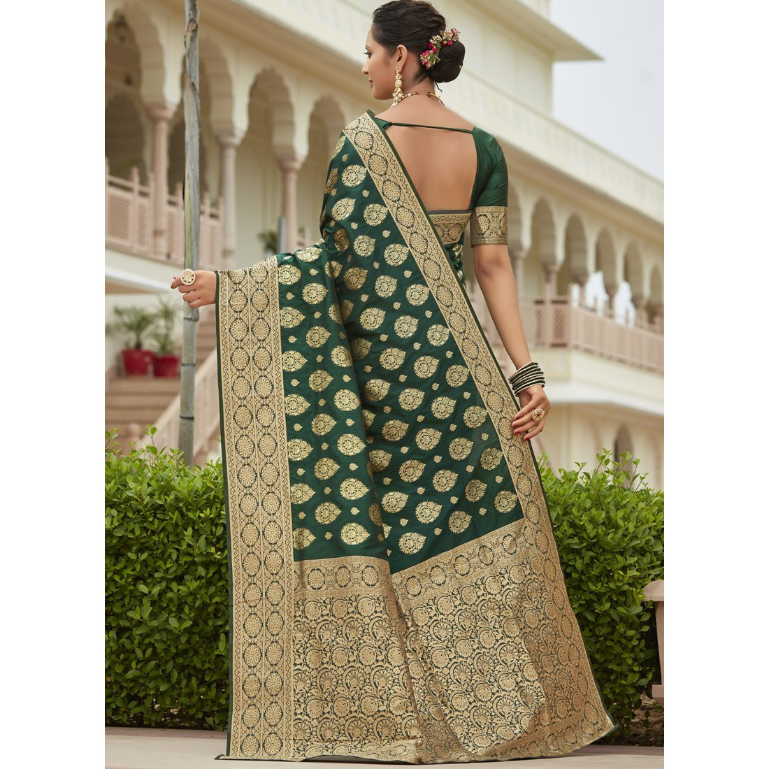 Designer Dark Green Silk Wedding Wear Saree For Women