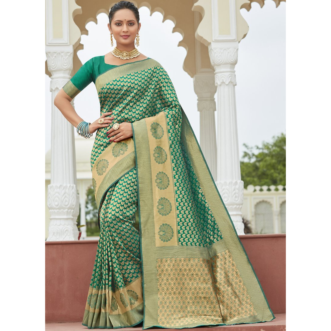 Designer Green Silk Wedding Wear Saree For Women