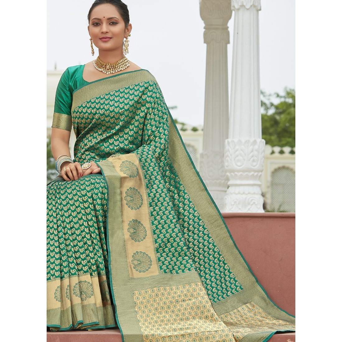 Designer Green Silk Wedding Wear Saree For Women