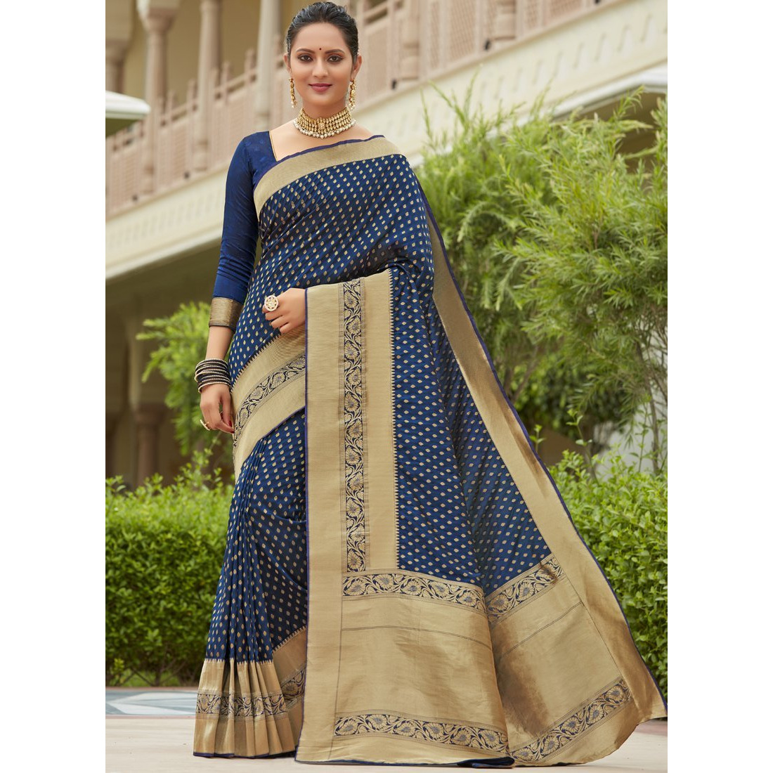 Designer Navy Blue Silk Wedding Wear Saree For Women